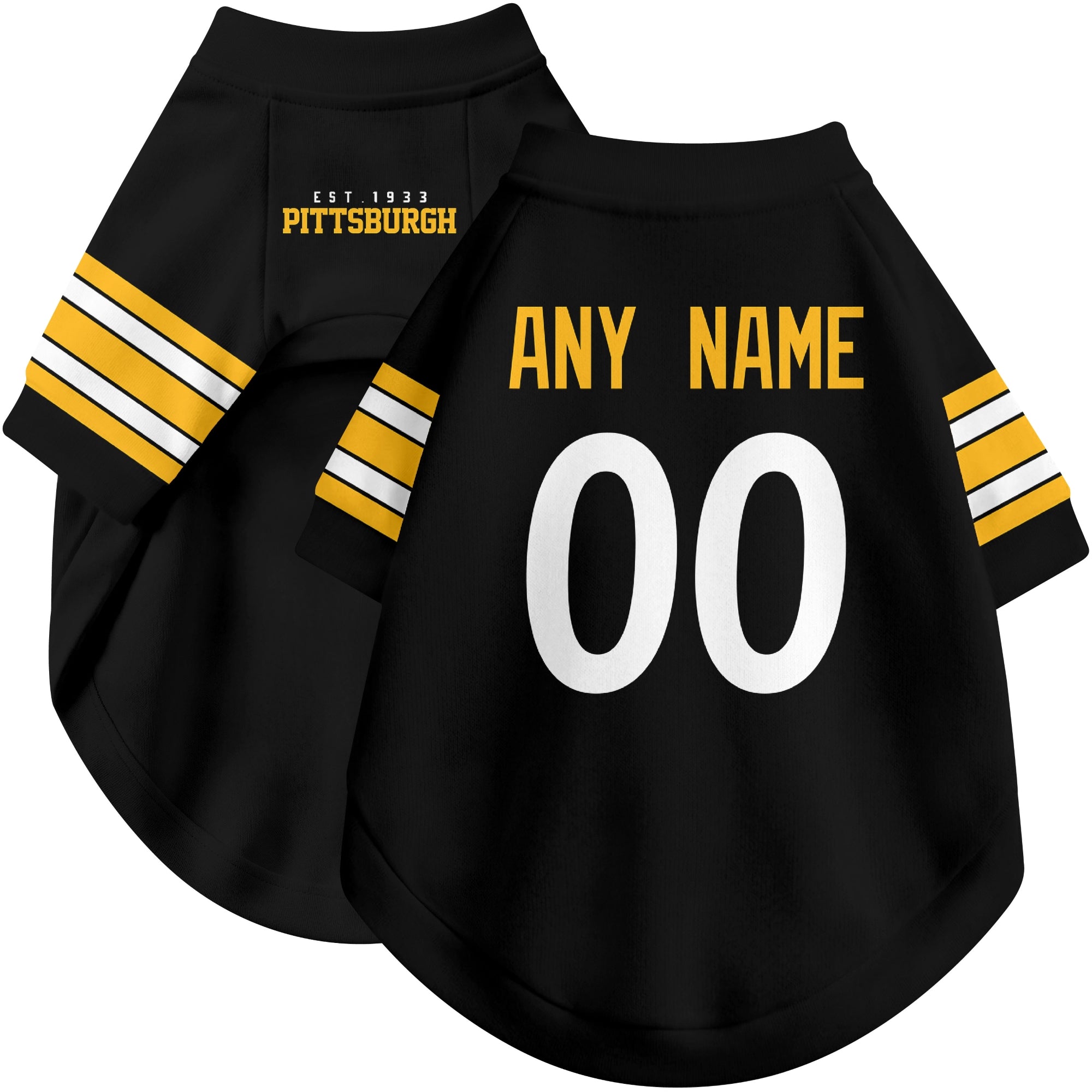 Custom football-style dog jersey in black personalized with any name and number