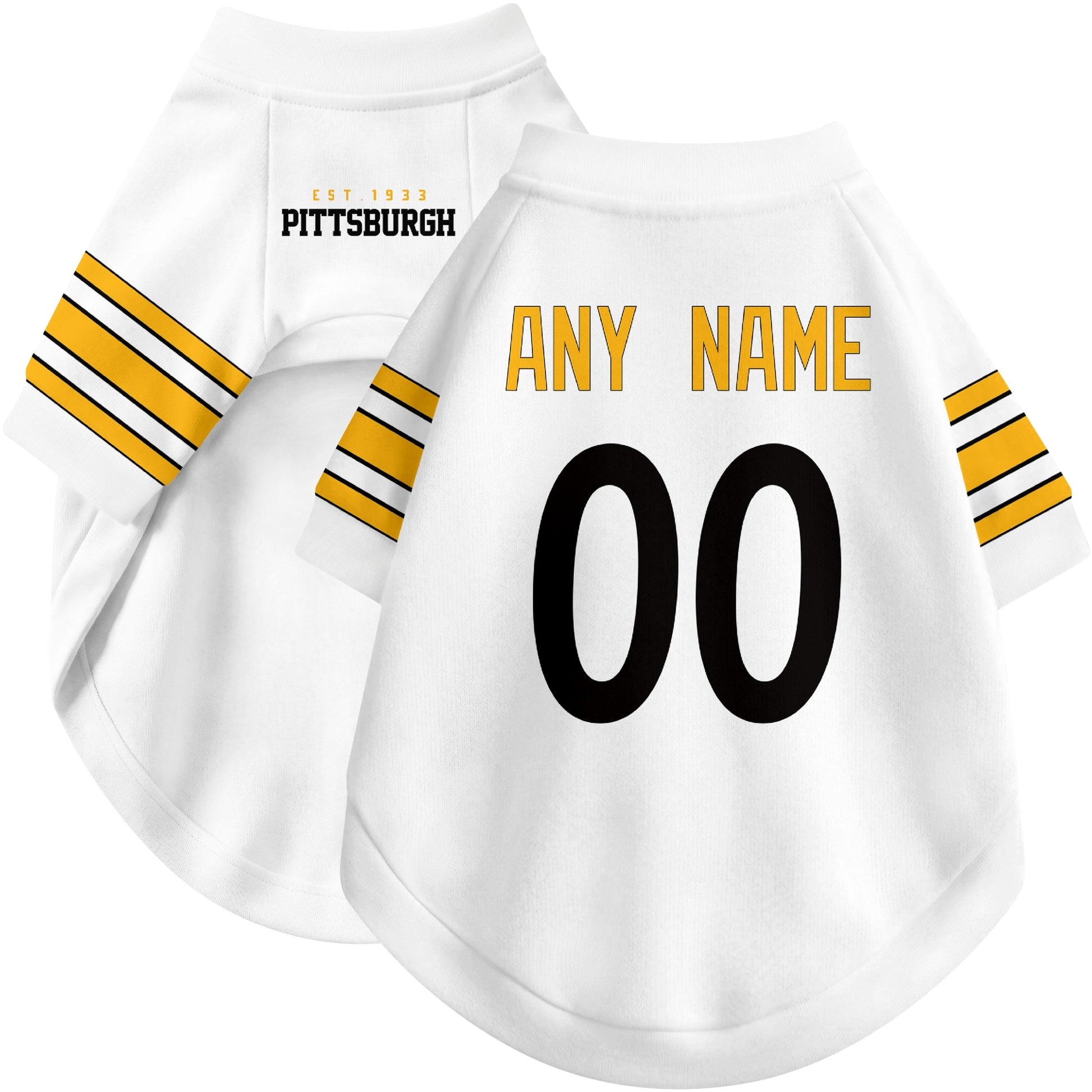 Custom football-style dog jersey in white personalized with any name and number