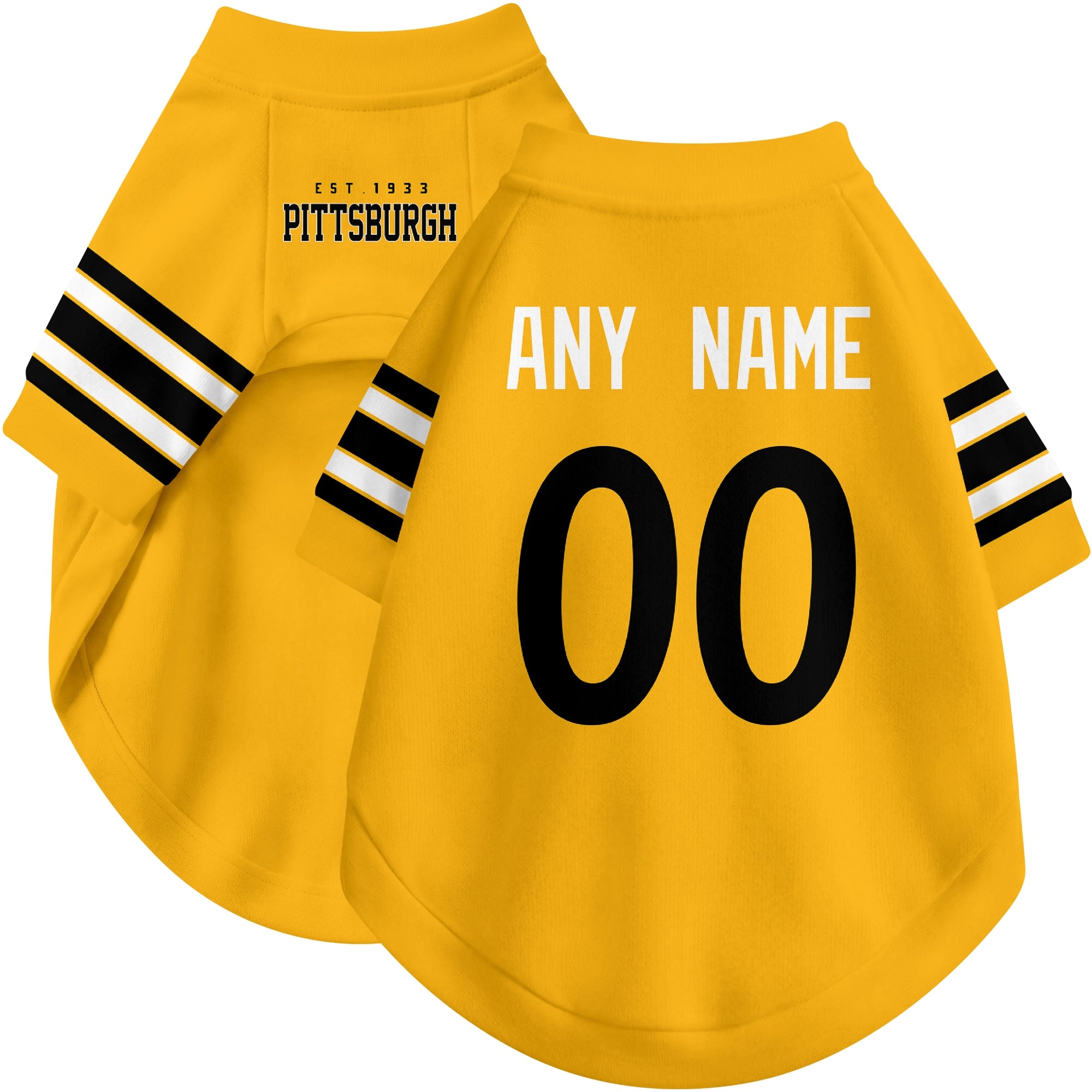 Custom football-style dog jersey in gold personalized with any name and number