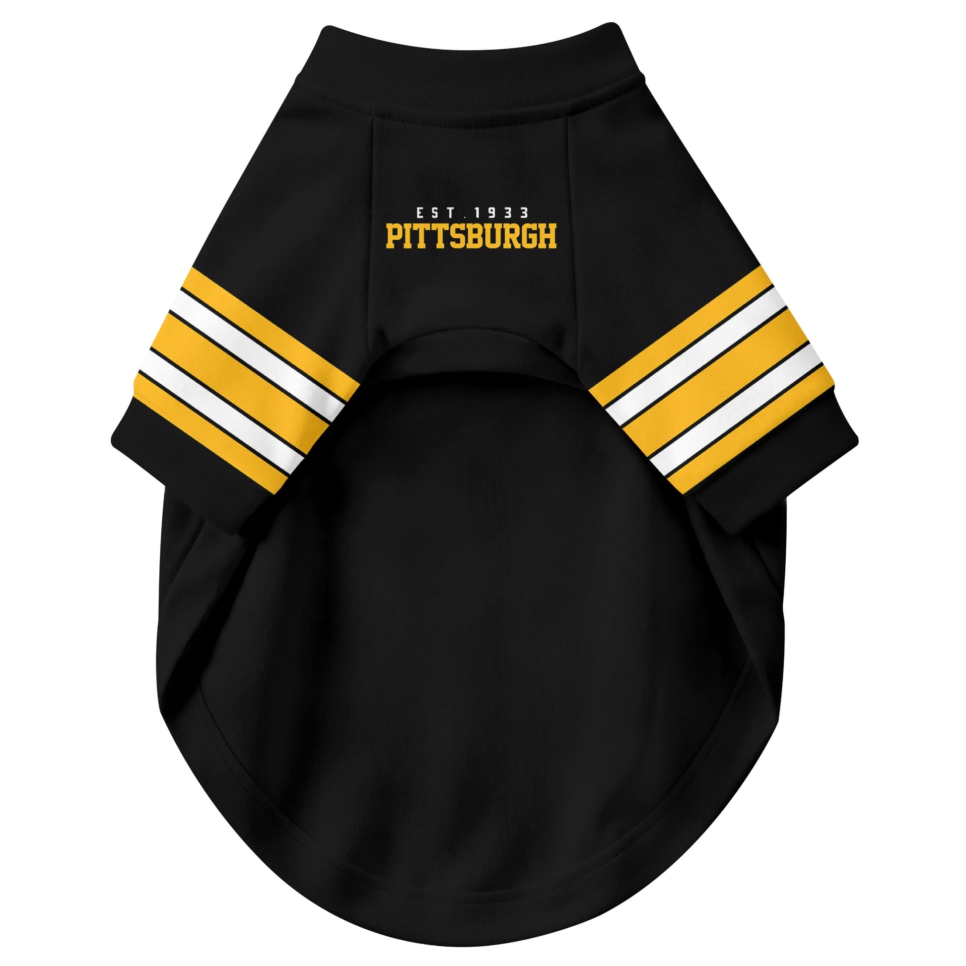 Front view of custom dog jersey in black personalized with name and number