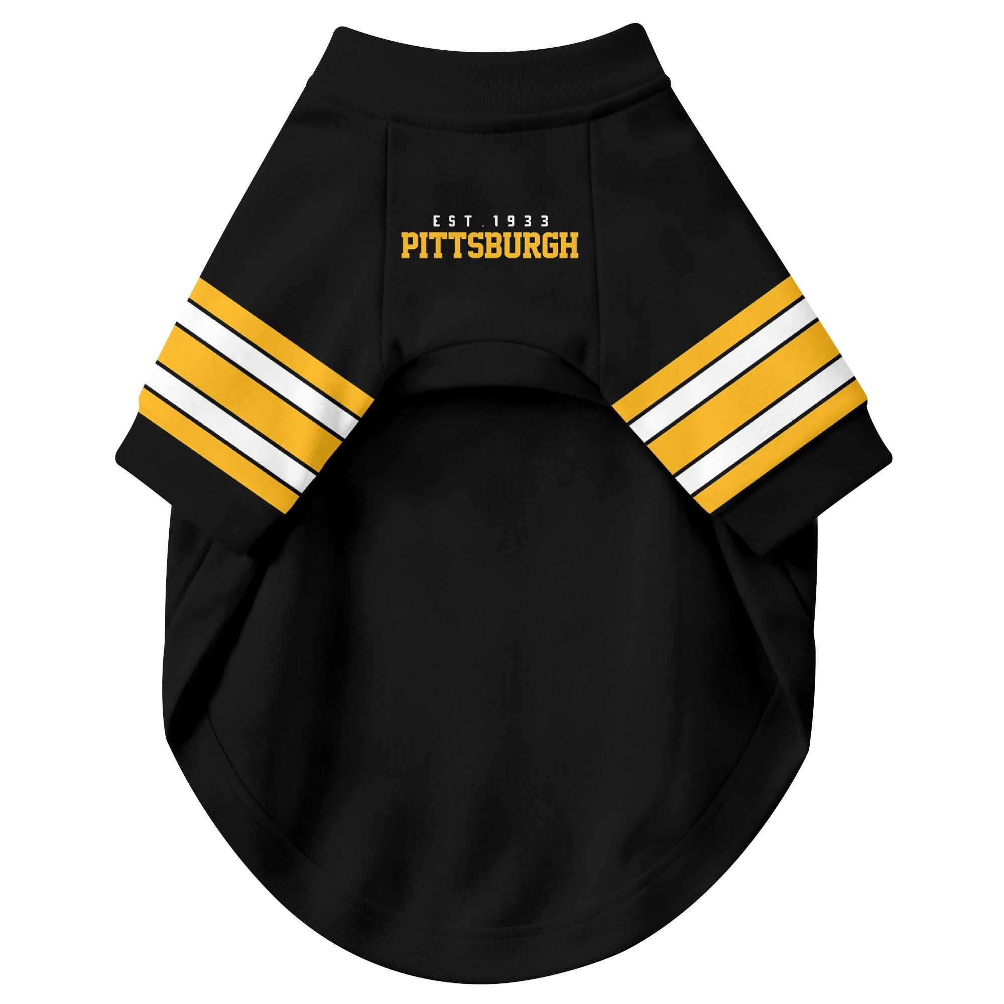 Front view of custom dog jersey in black personalized with name and number