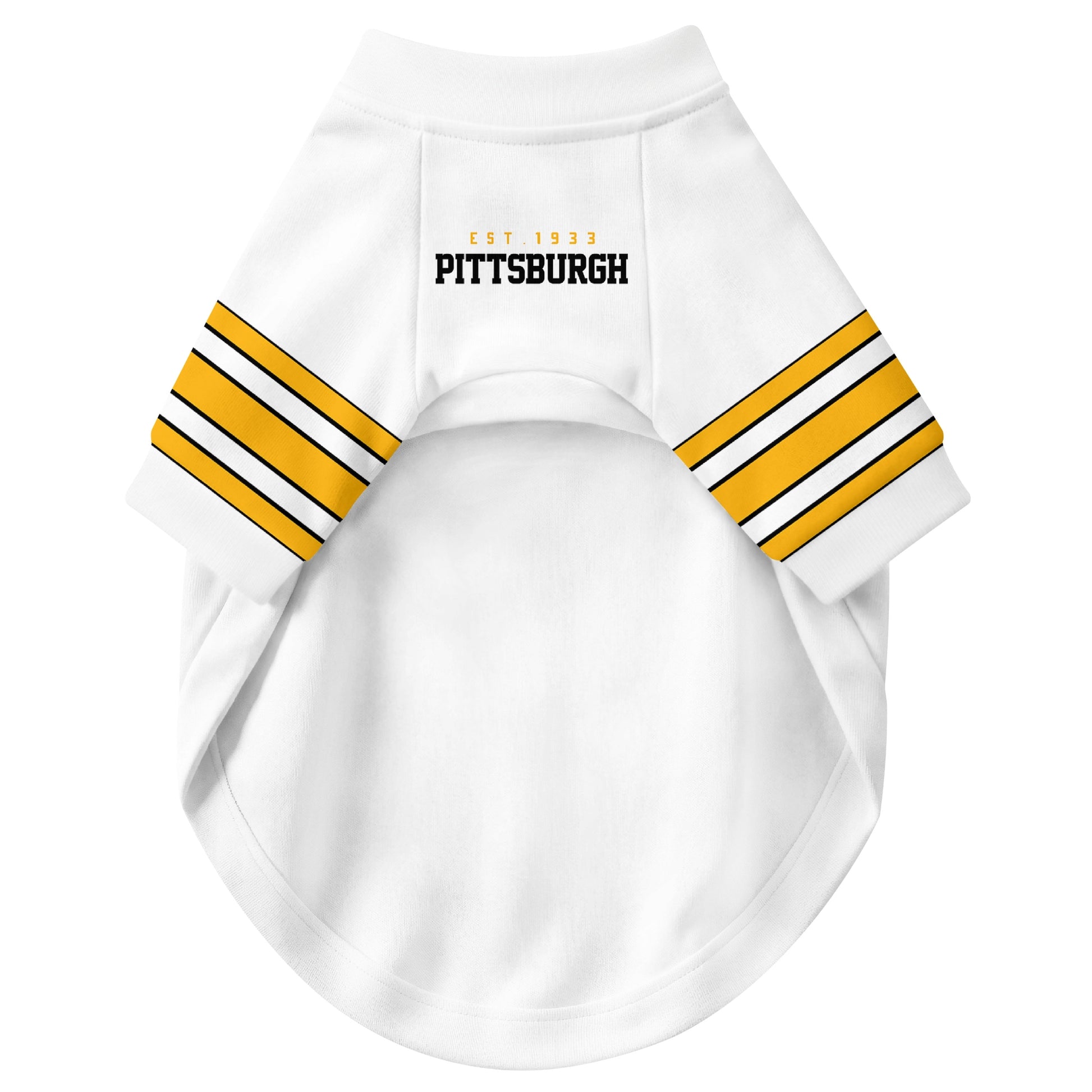 Front view of custom dog jersey in white personalized with name and number