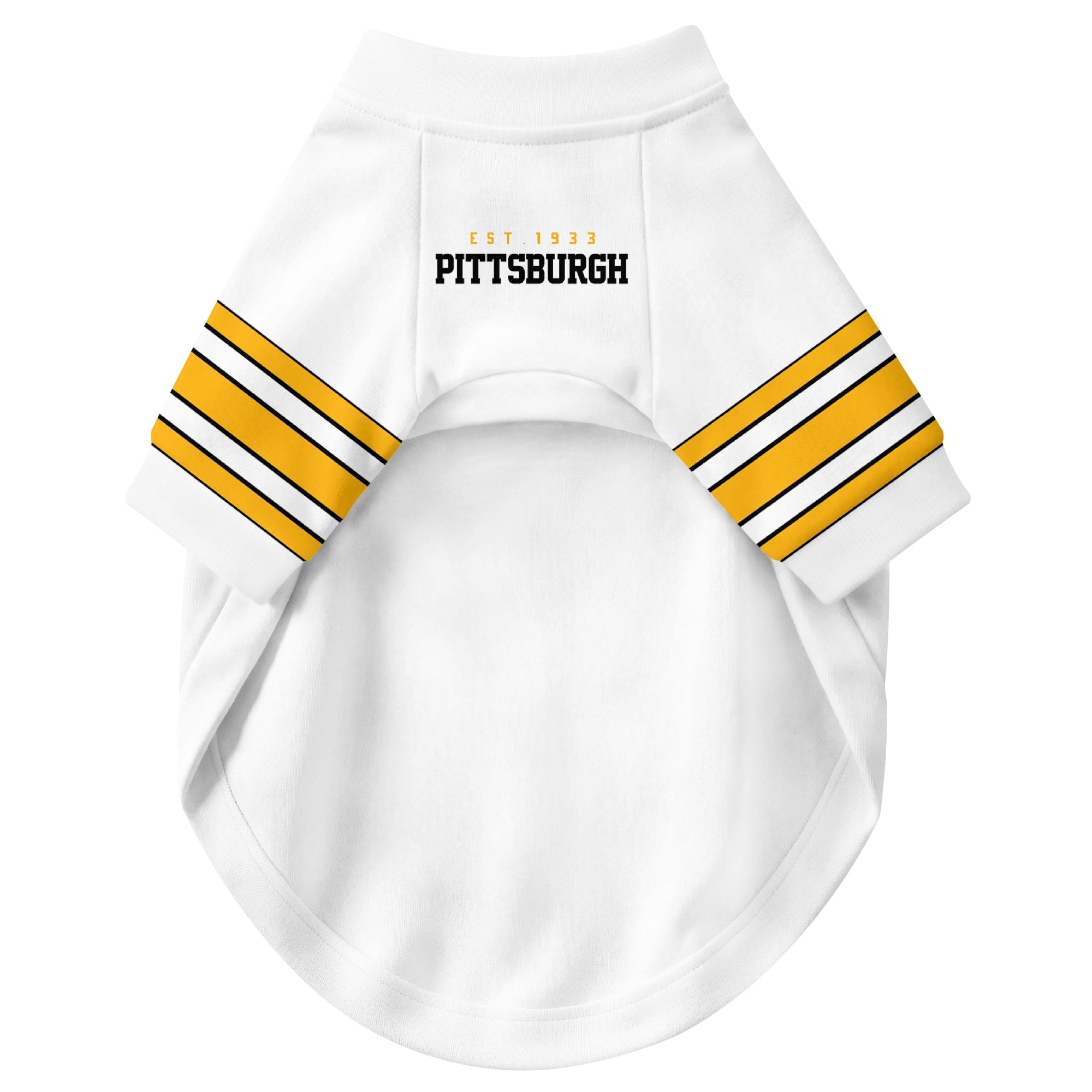 Front view of custom dog jersey in white personalized with name and number