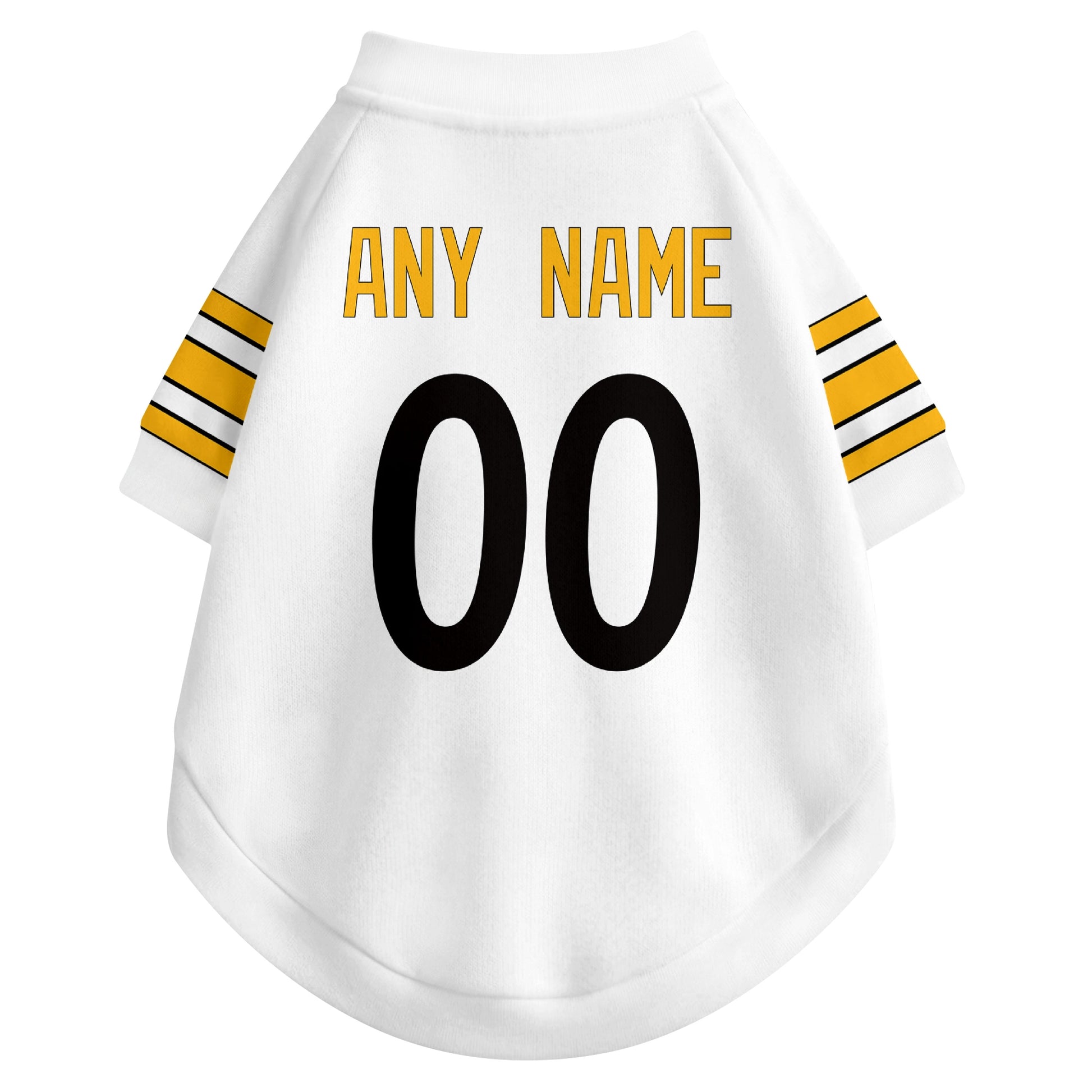 Back view of custom dog jersey in white showing name and number customization