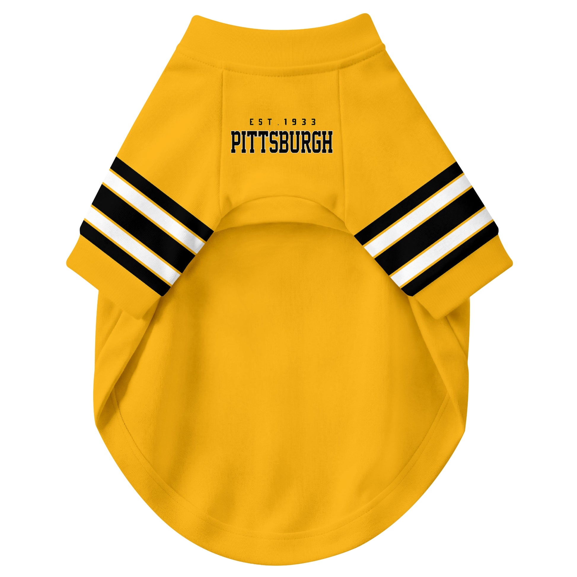 Front view of custom dog jersey in gold personalized with name and number