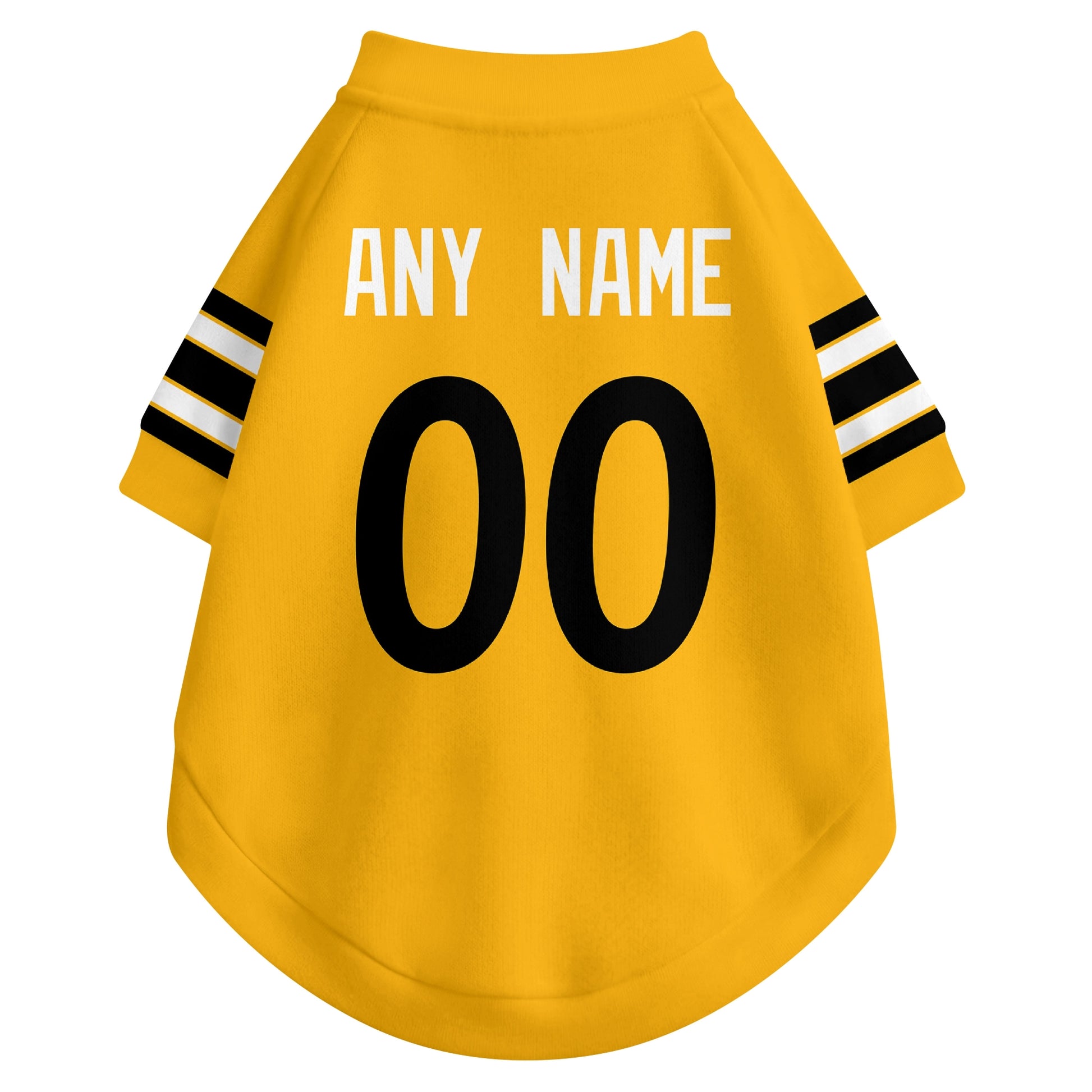 Back view of custom dog jersey in gold showing name and number customization