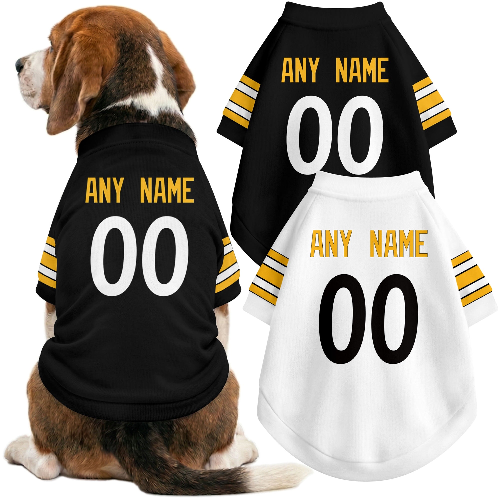 Dog wearing custom football-style dog jersey in black white gold with personalized name and number