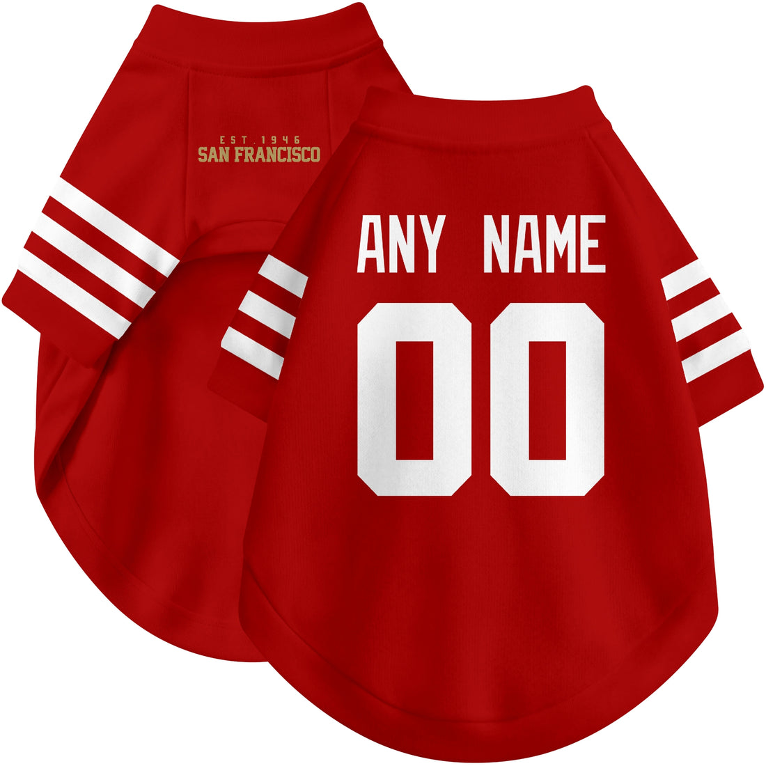 Dog wearing custom football-style dog jersey in scarlet white gold with personalized name and number