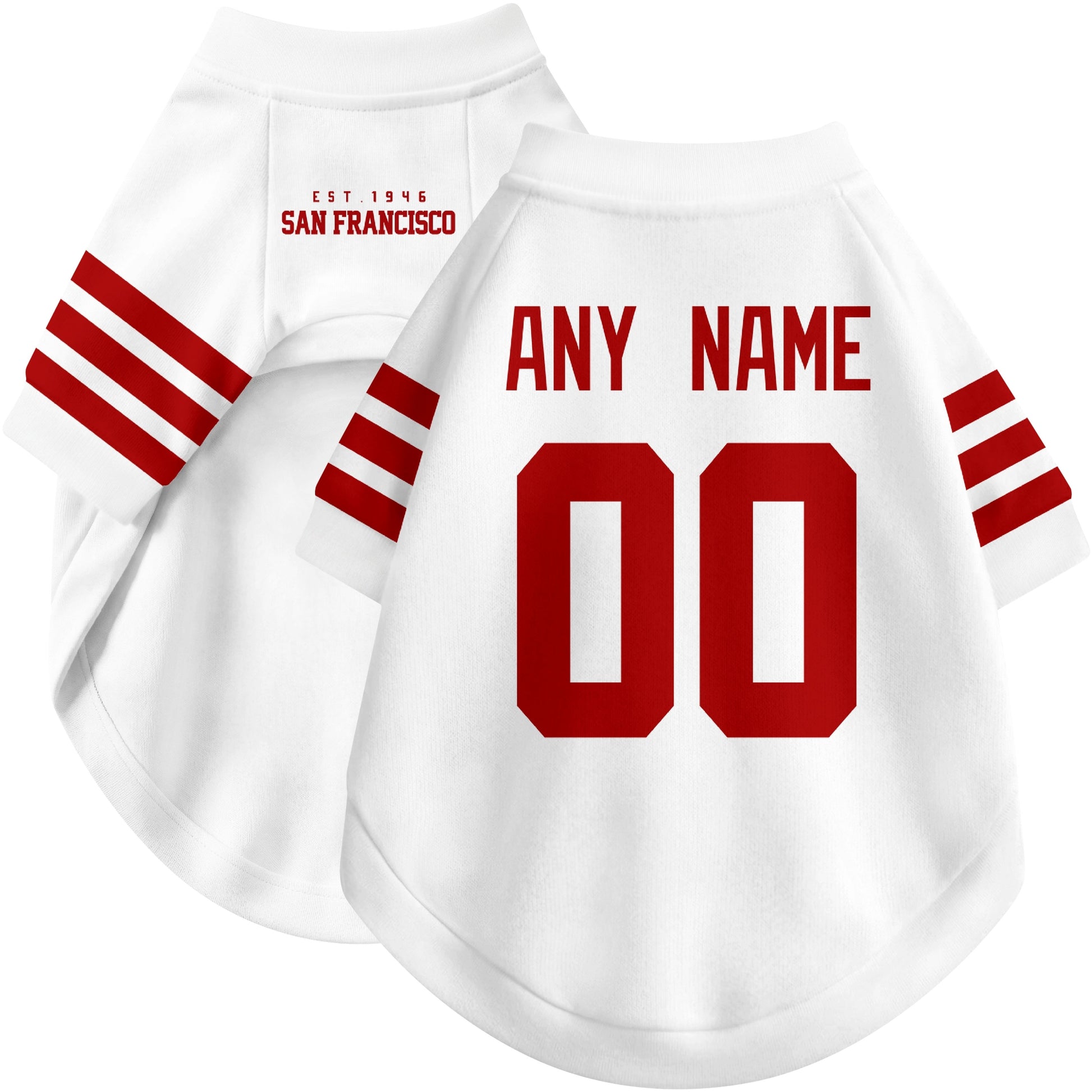 Custom football-style dog jersey in white personalized with any name and number