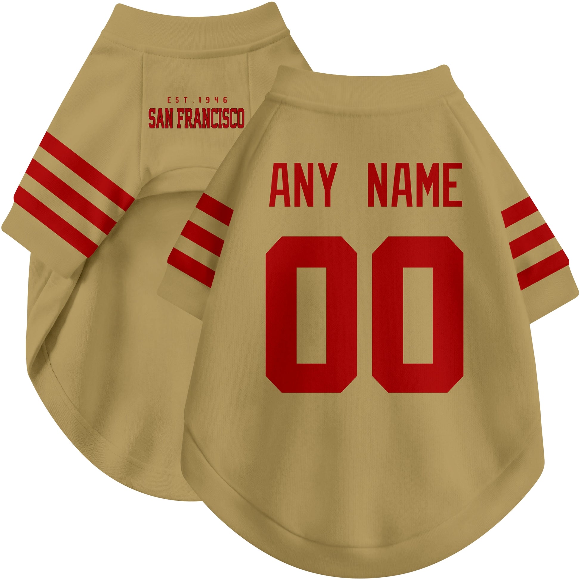 Custom football-style dog jersey in gold personalized with any name and number