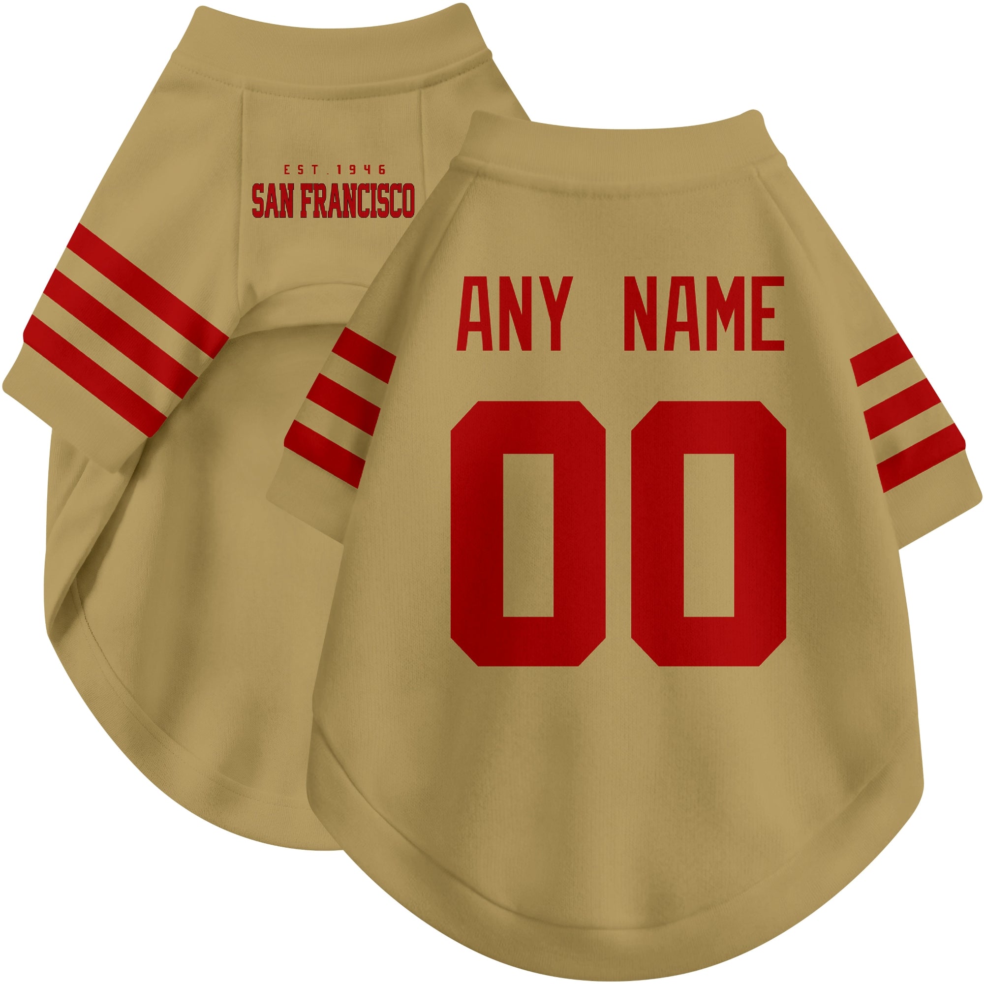 Custom football-style dog jersey in gold personalized with any name and number