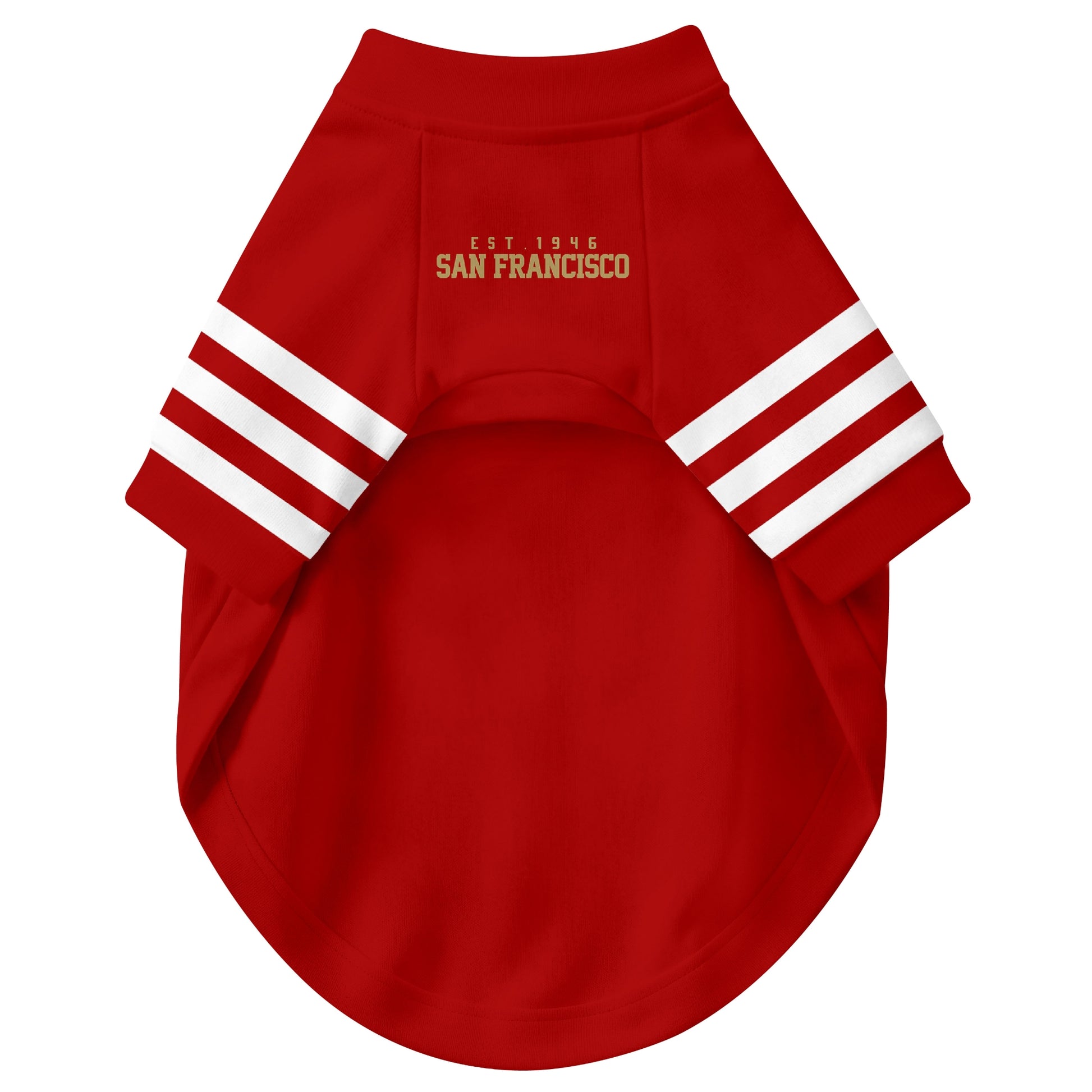 Front view of custom dog jersey in scarlet personalized with name and number