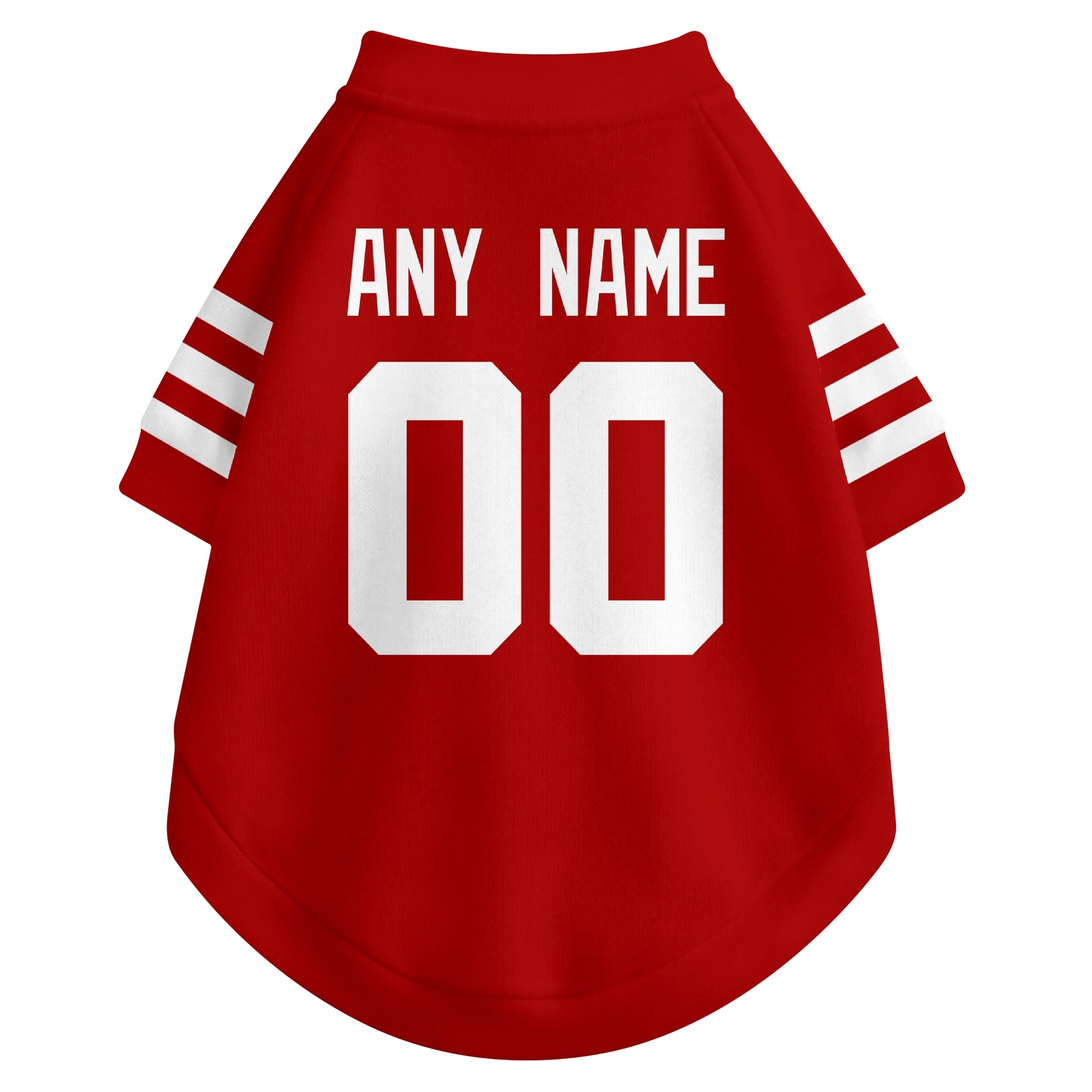 Back view of custom dog jersey in scarlet showing name and number customization