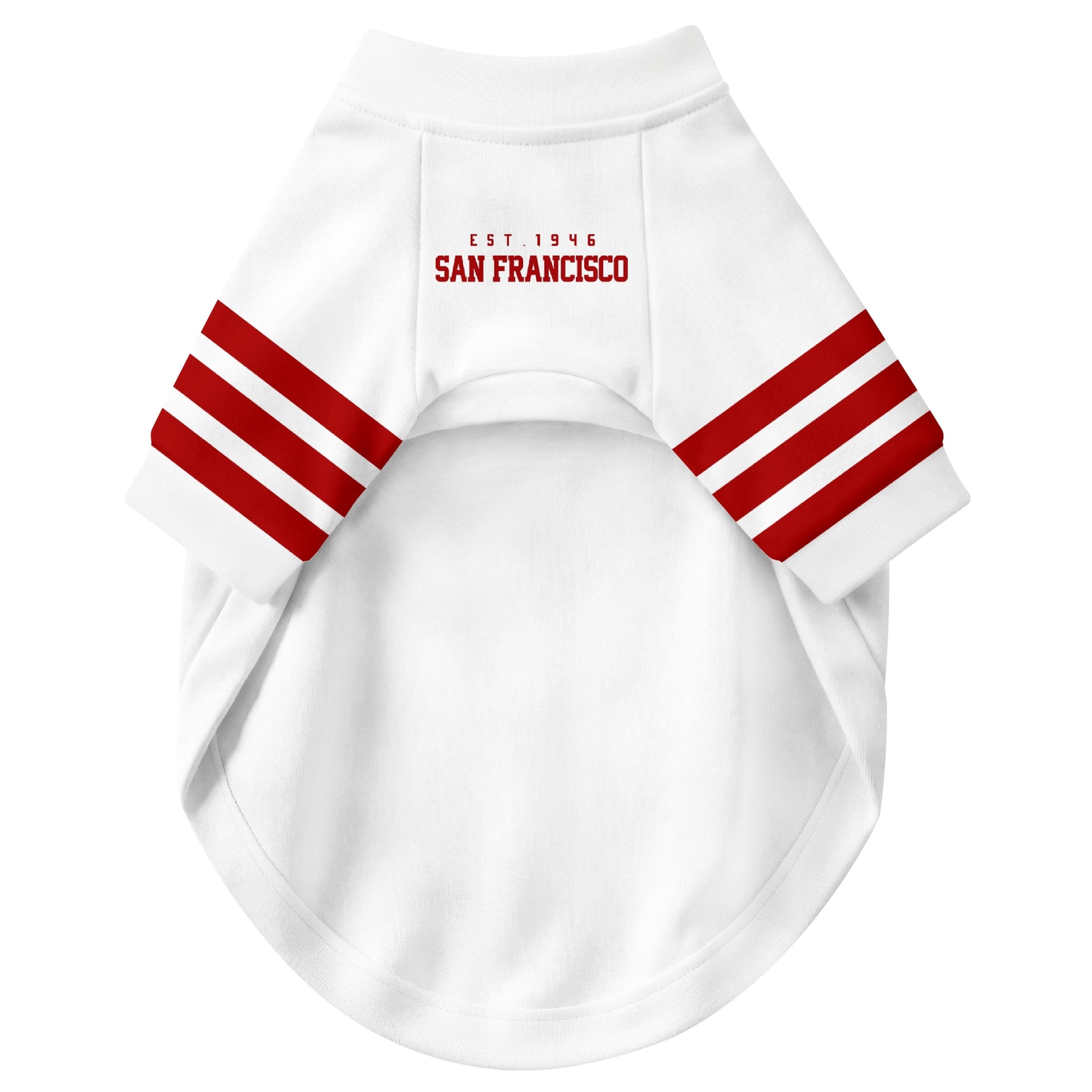 Front view of custom dog jersey in white personalized with name and number