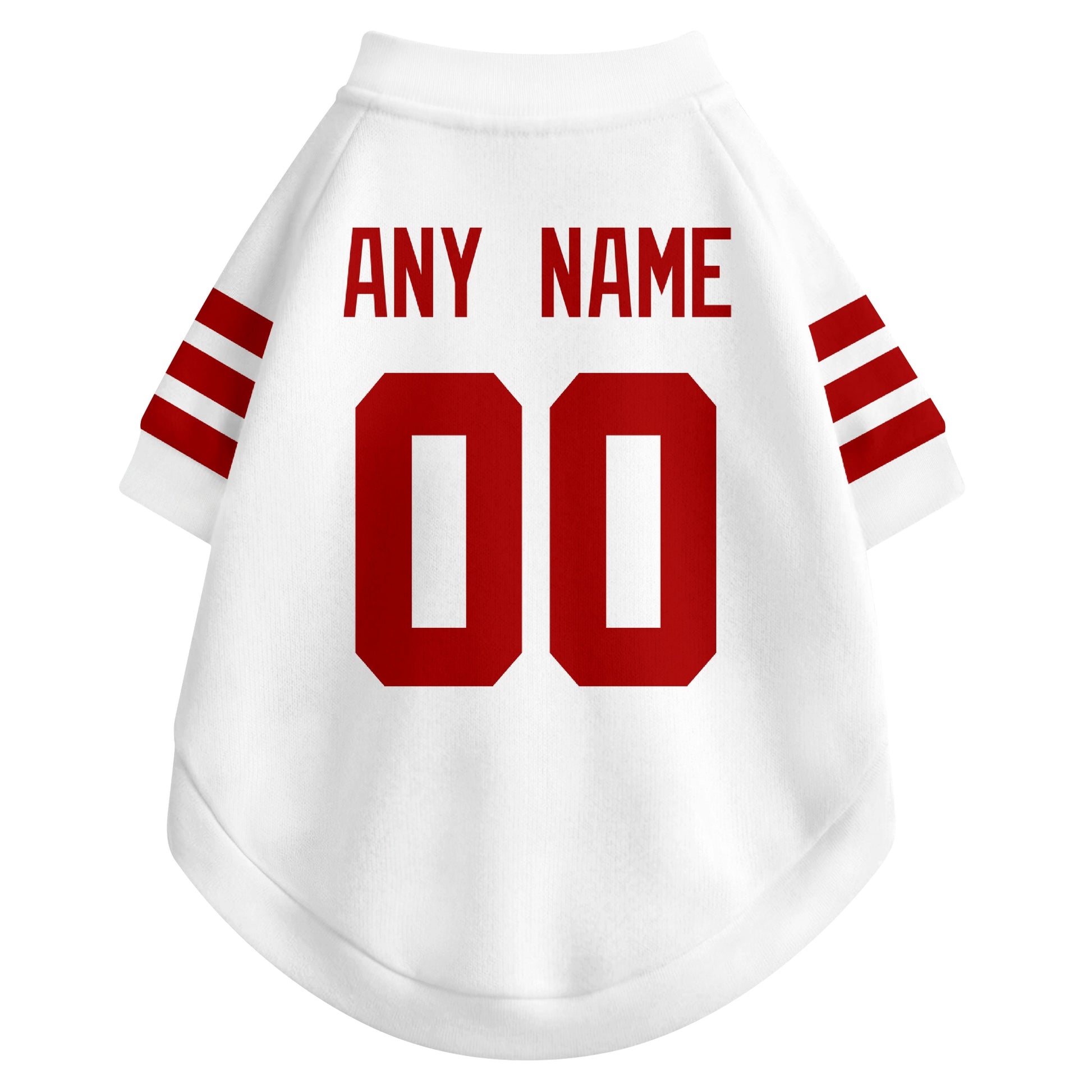Back view of custom dog jersey in white showing name and number customization