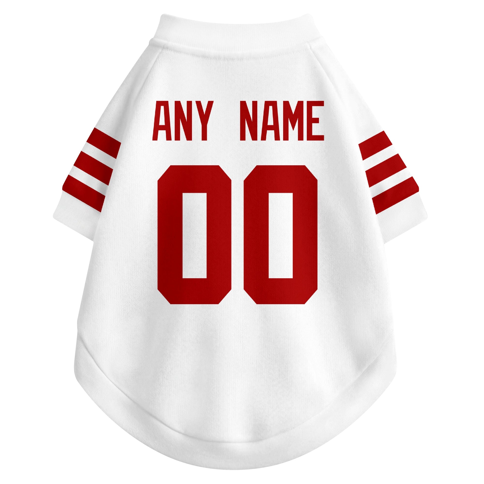 Back view of custom dog jersey in white showing name and number customization