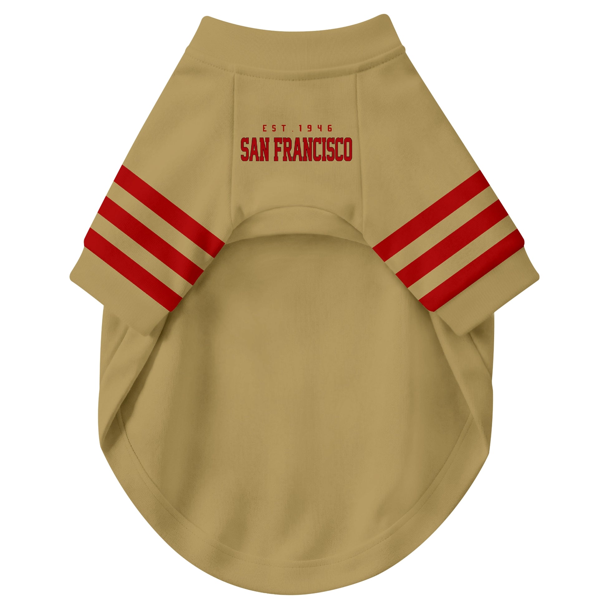 Front view of custom dog jersey in gold personalized with name and number