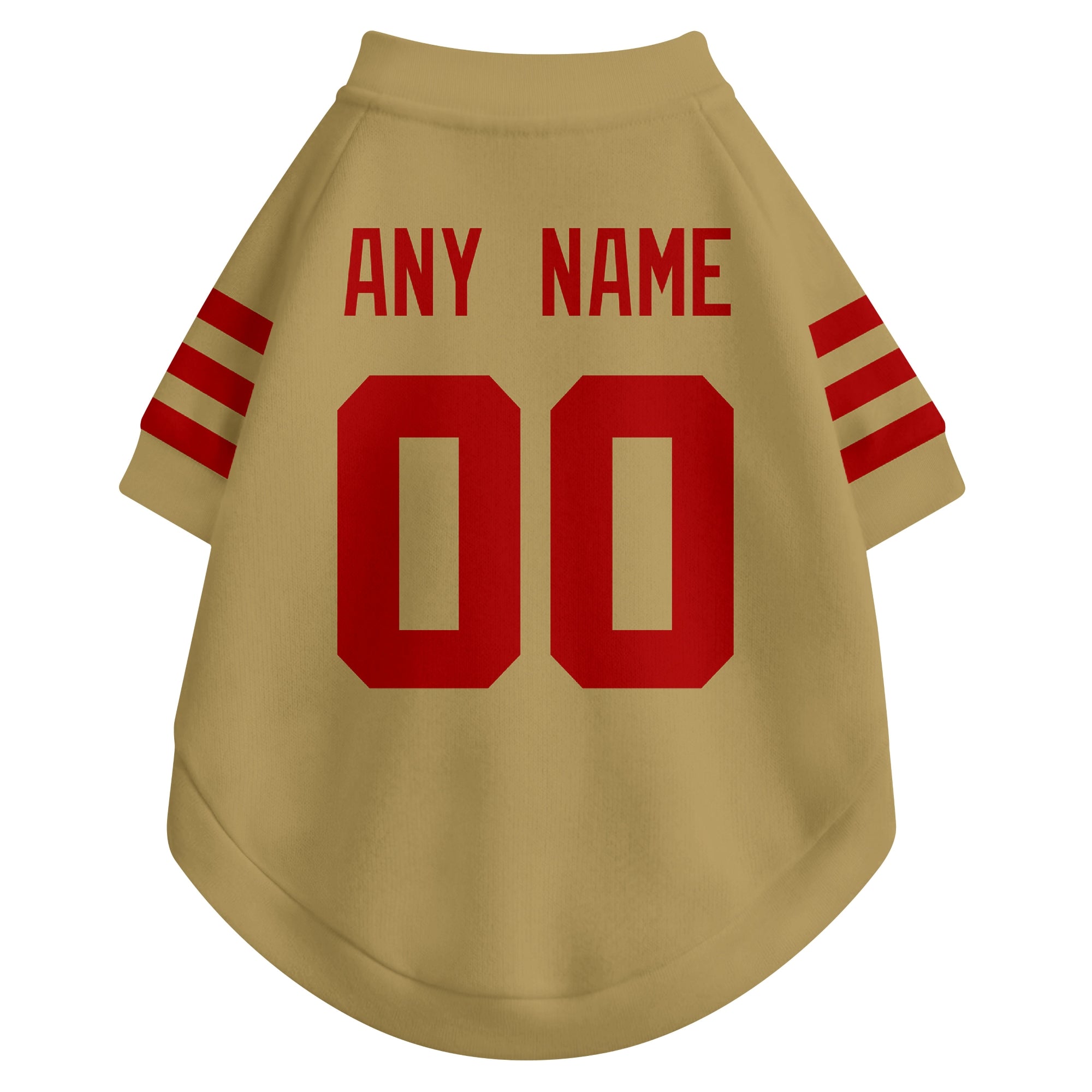 Back view of custom dog jersey in gold showing name and number customization