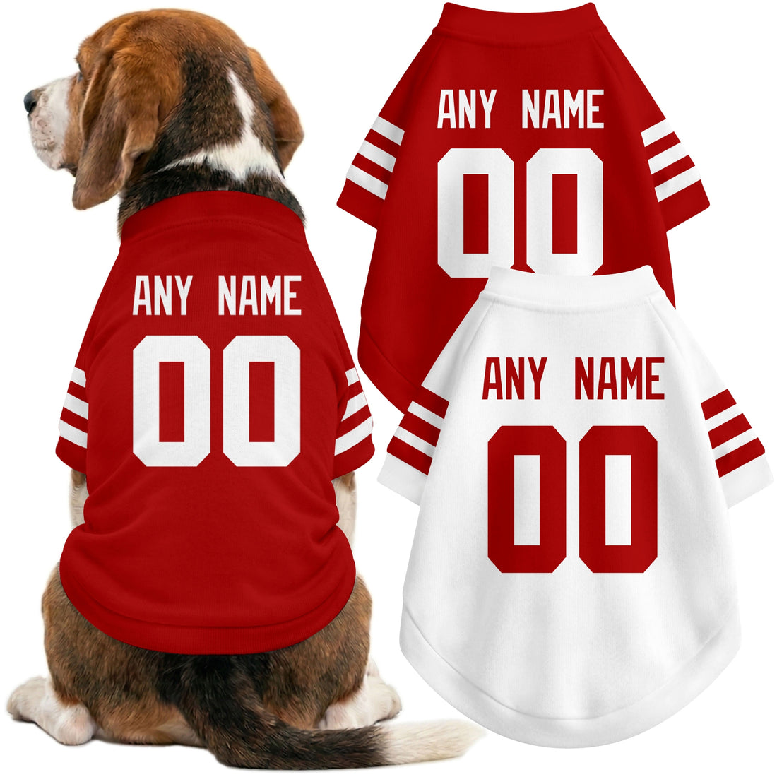 Dog wearing custom football-style dog jersey in scarlet white gold with personalized name and number