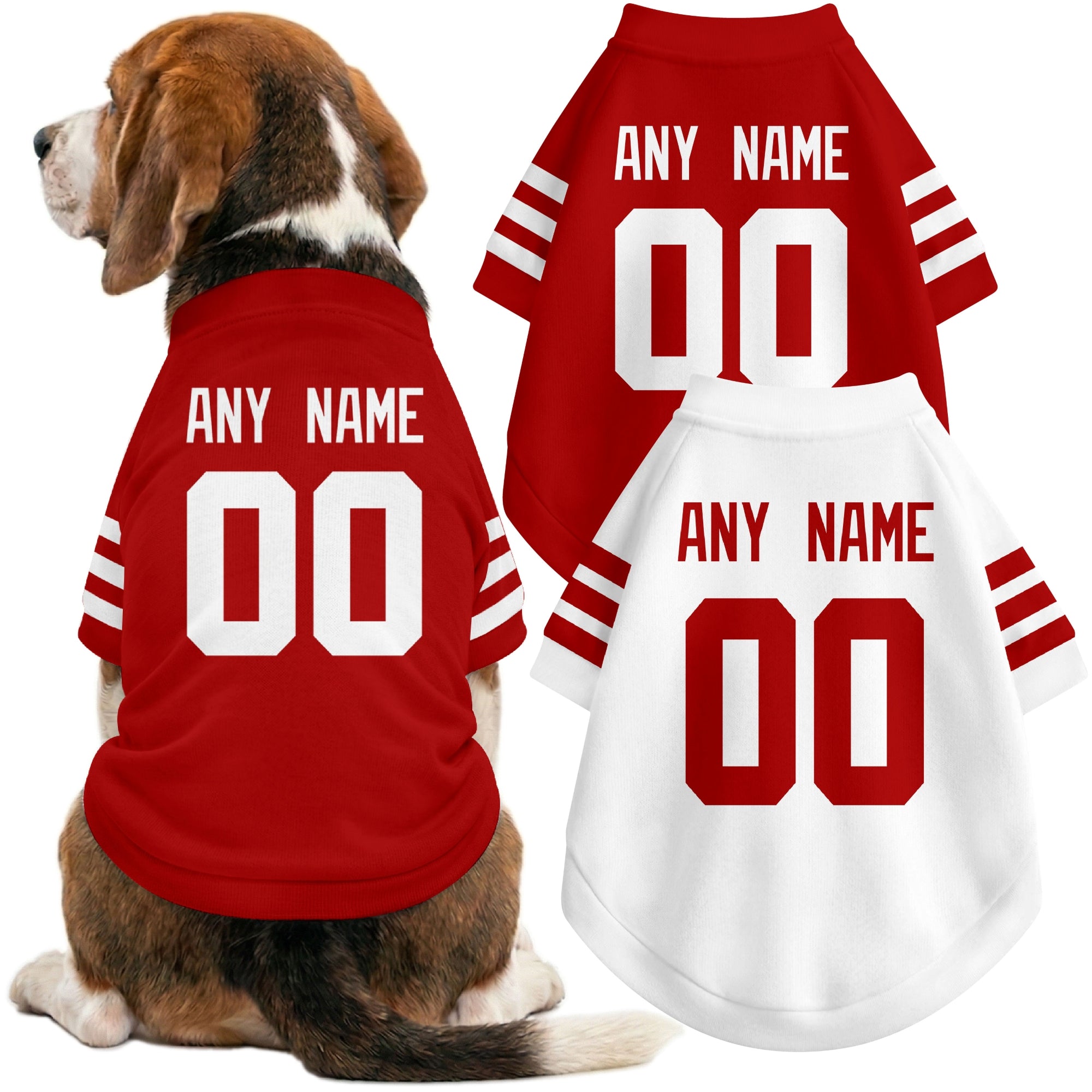 Dog wearing custom football-style dog jersey in scarlet white gold with personalized name and number