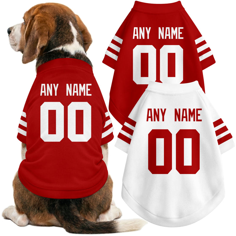 Dog wearing custom football-style dog jersey in scarlet white gold with personalized name and number