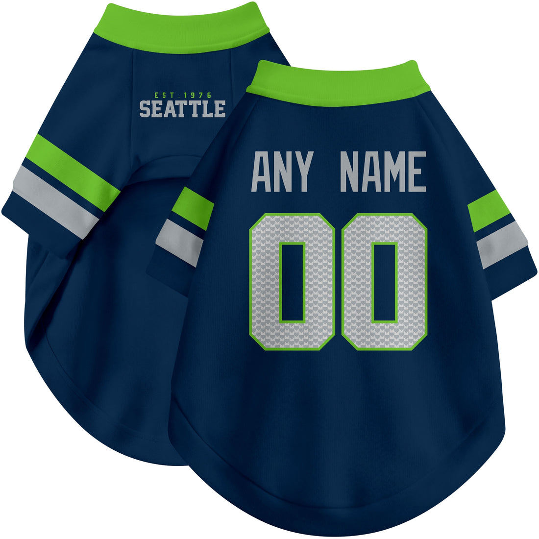 Dog wearing custom football-style dog jersey in navy white neon green with personalized name and number