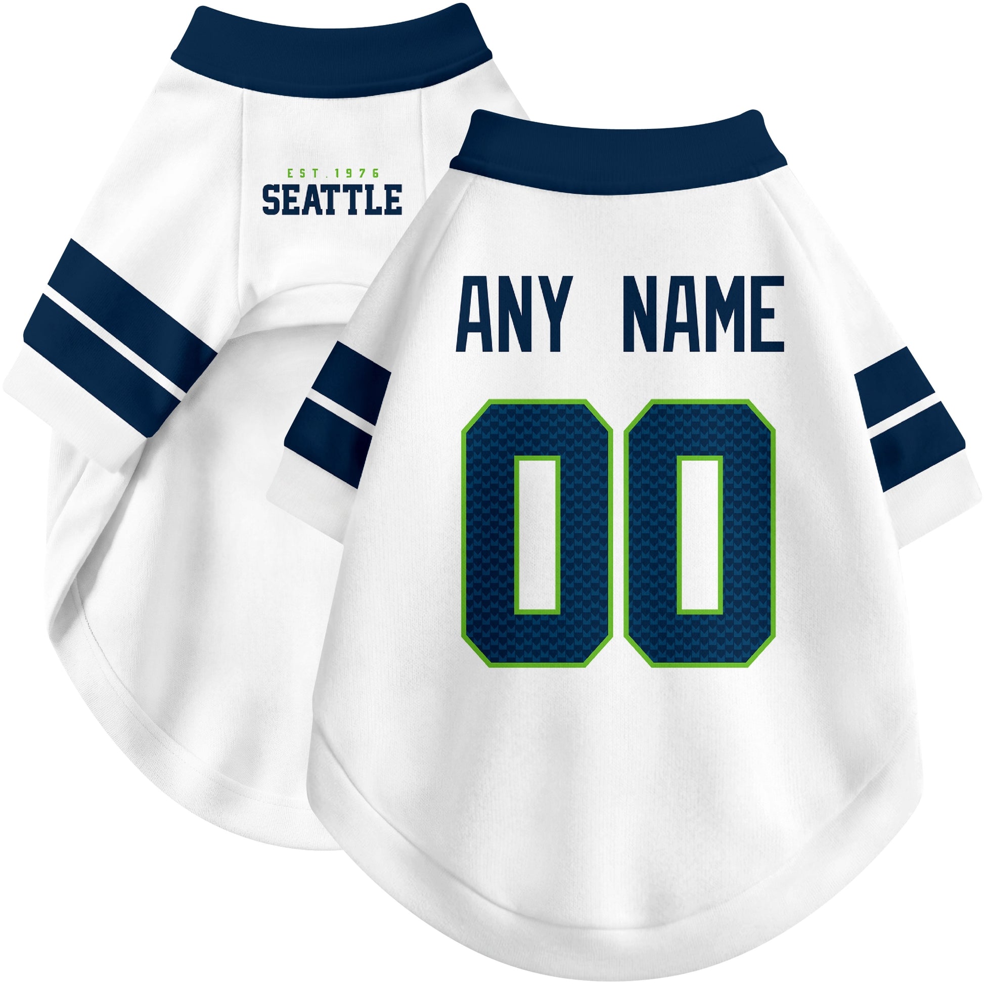 Custom football-style dog jersey in white personalized with any name and number
