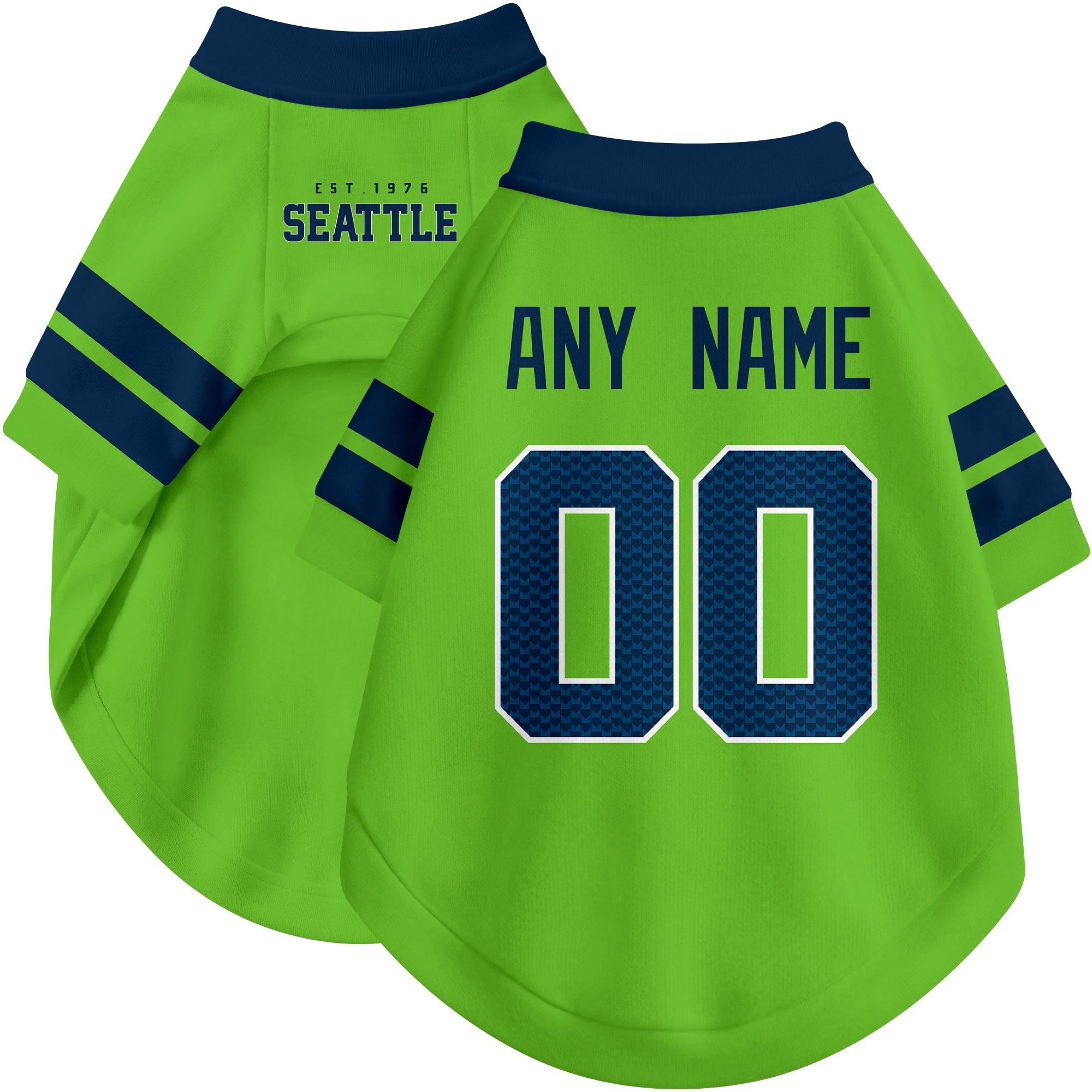 Custom football-style dog jersey in neon green personalized with any name and number