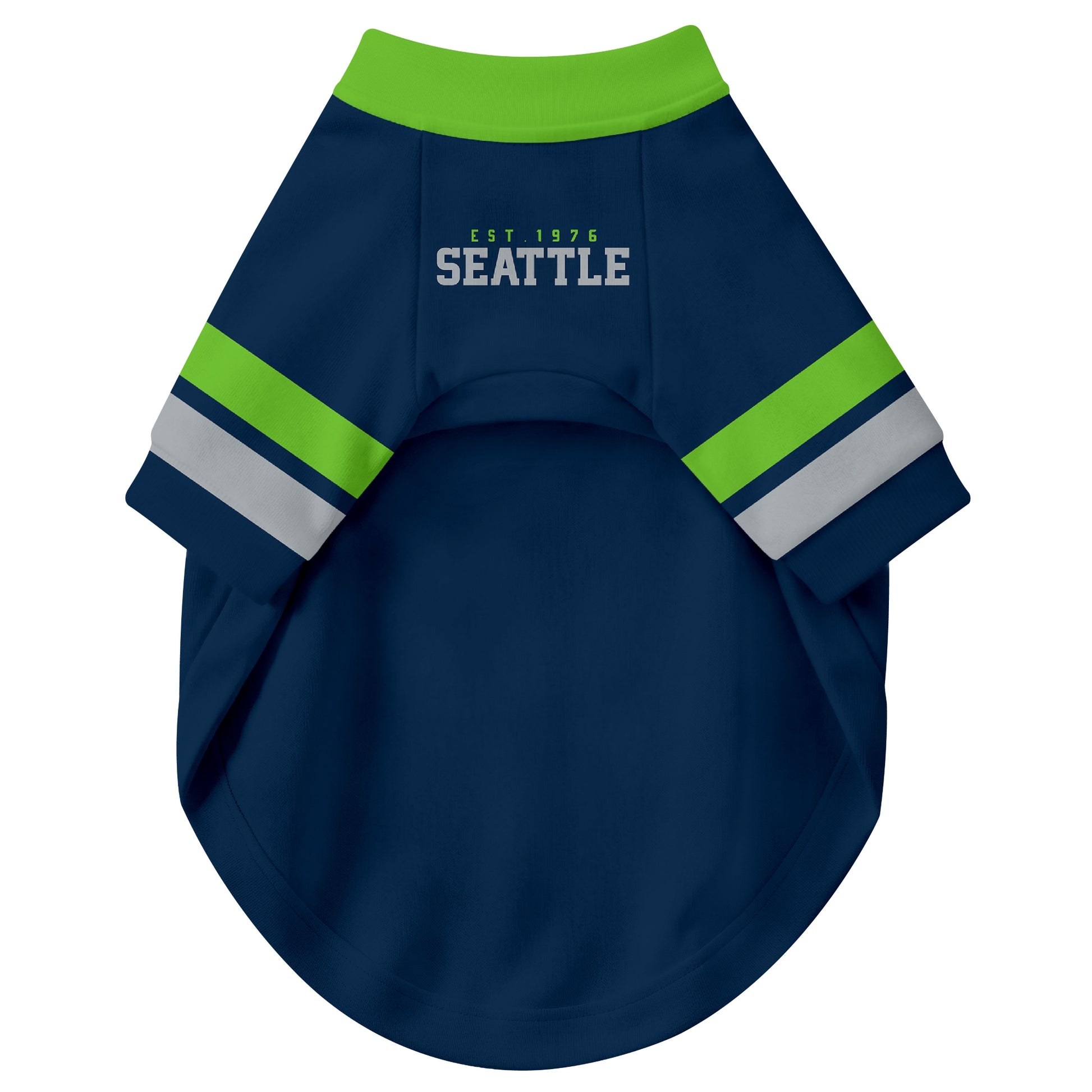 Front view of custom dog jersey in navy personalized with name and number