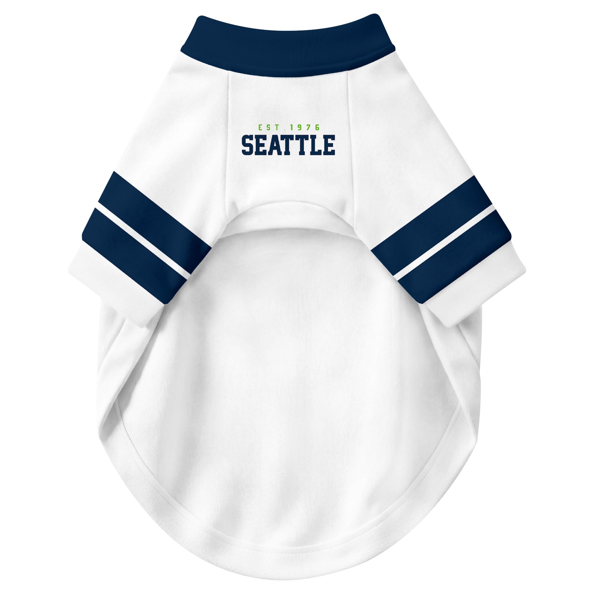 Front view of custom dog jersey in white personalized with name and number