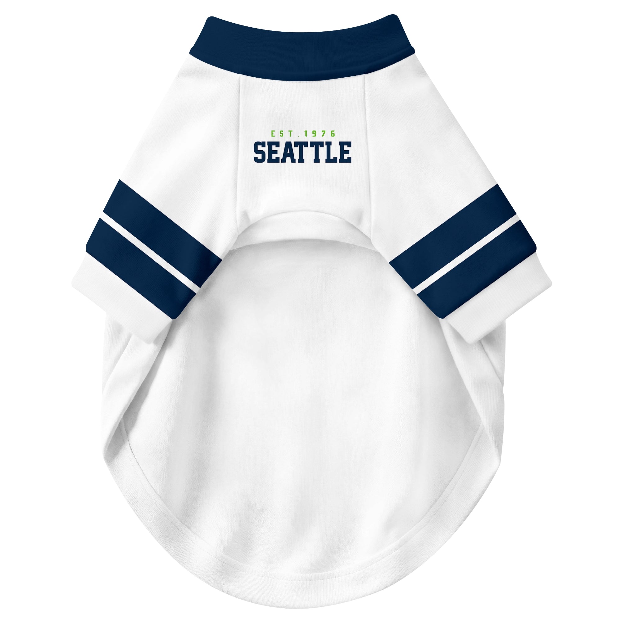 Front view of custom dog jersey in white personalized with name and number