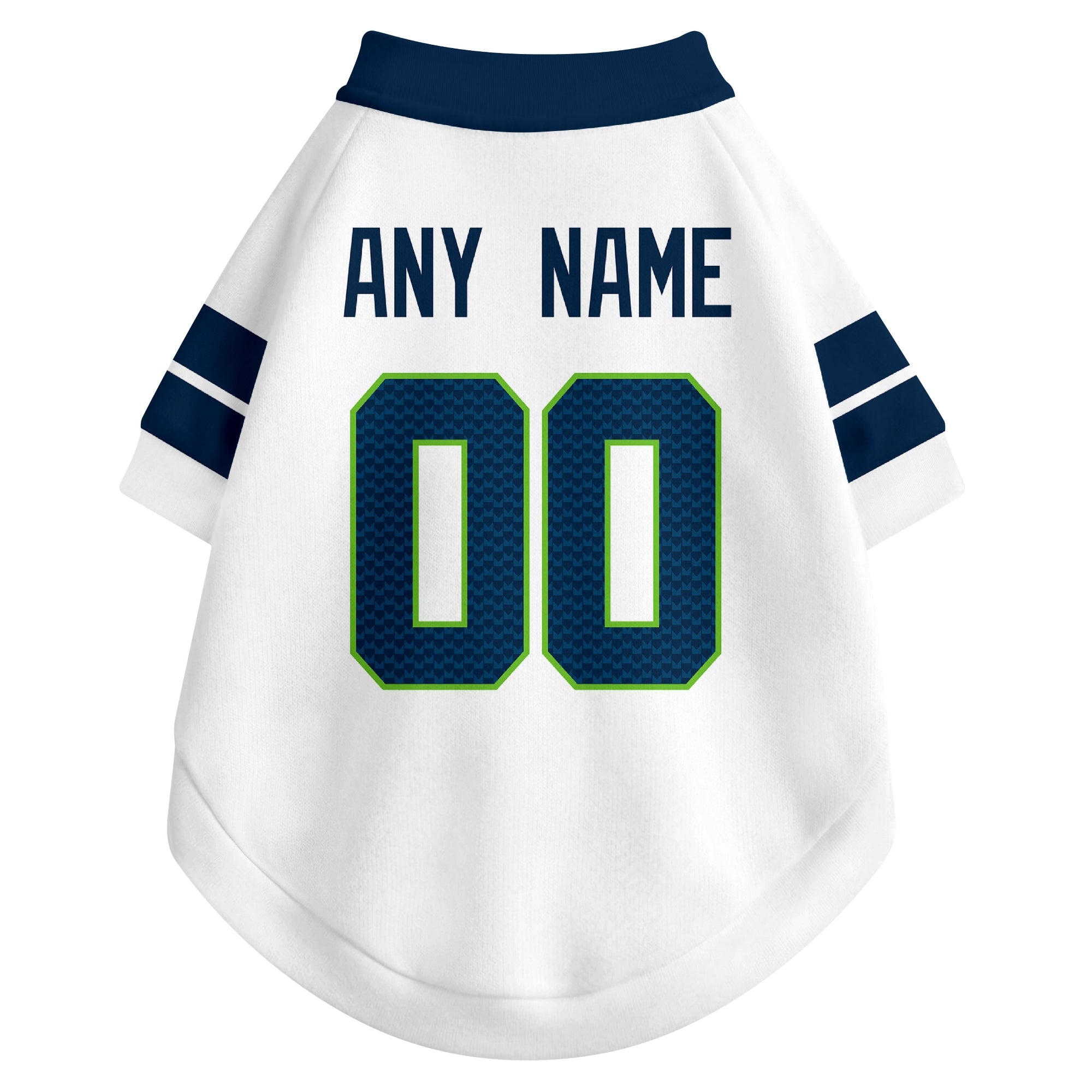 Back view of custom dog jersey in white showing name and number customization