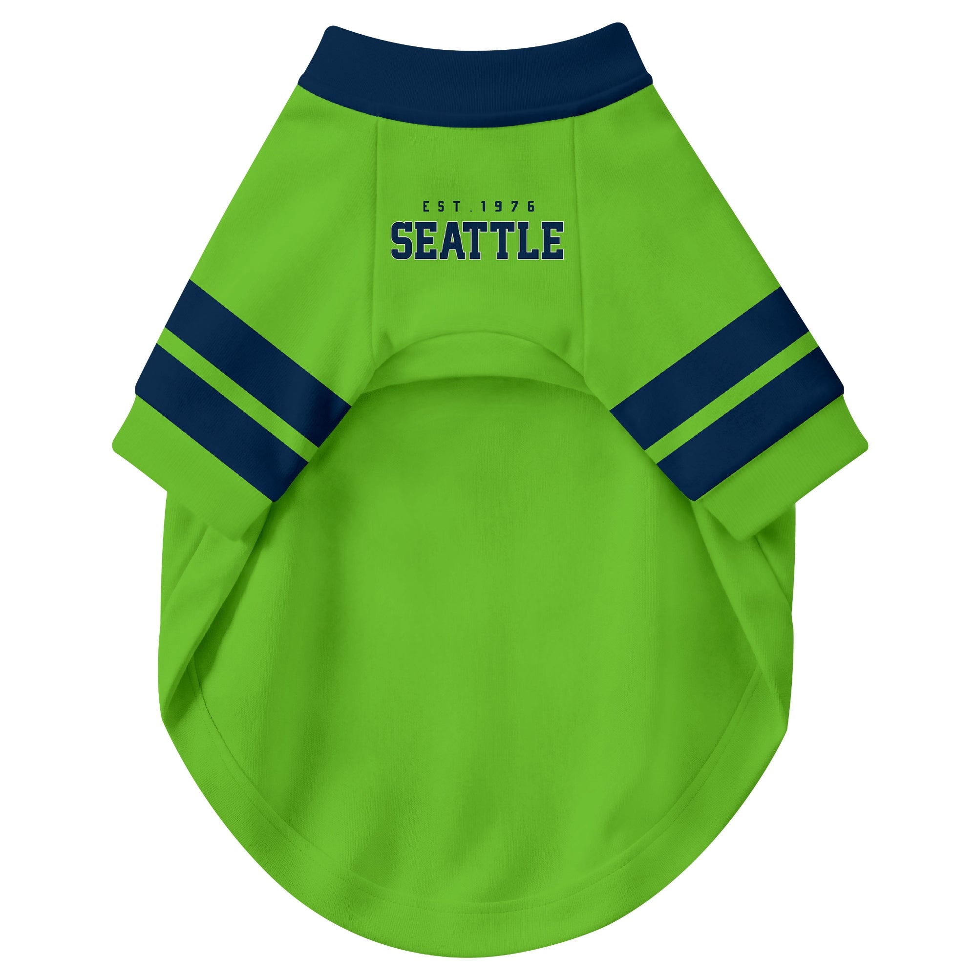 Front view of custom dog jersey in neon green personalized with name and number