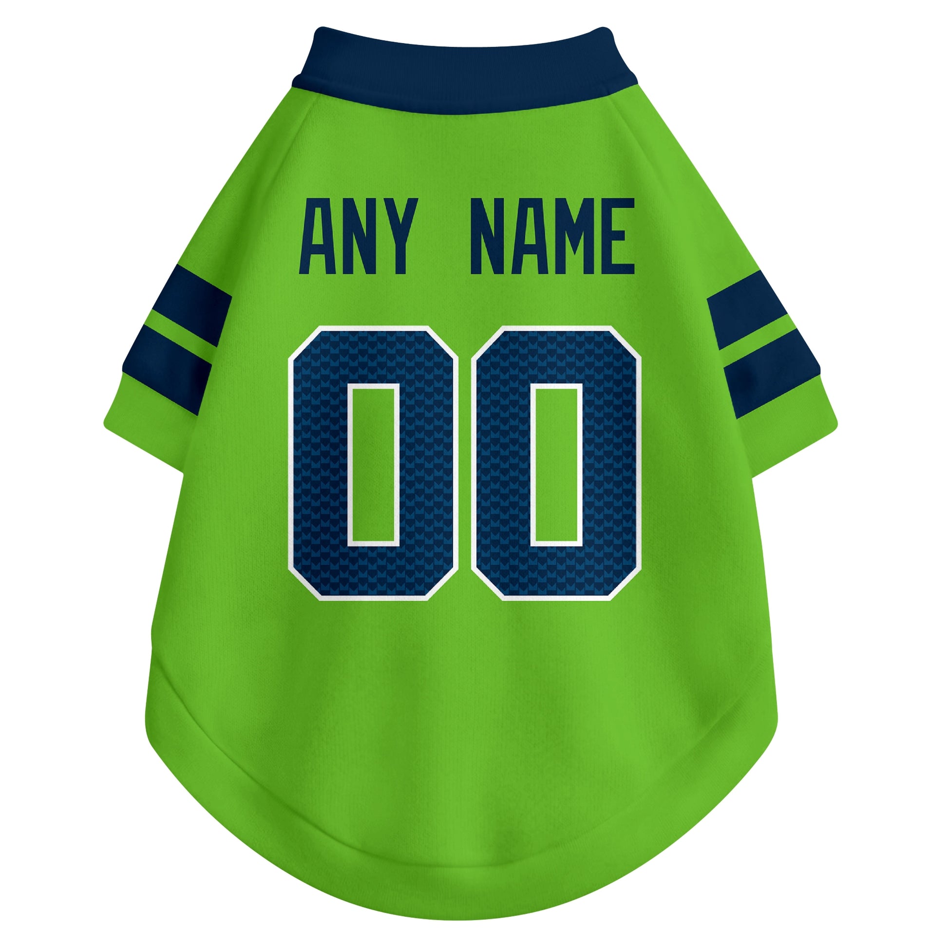 Back view of custom dog jersey in neon green showing name and number customization