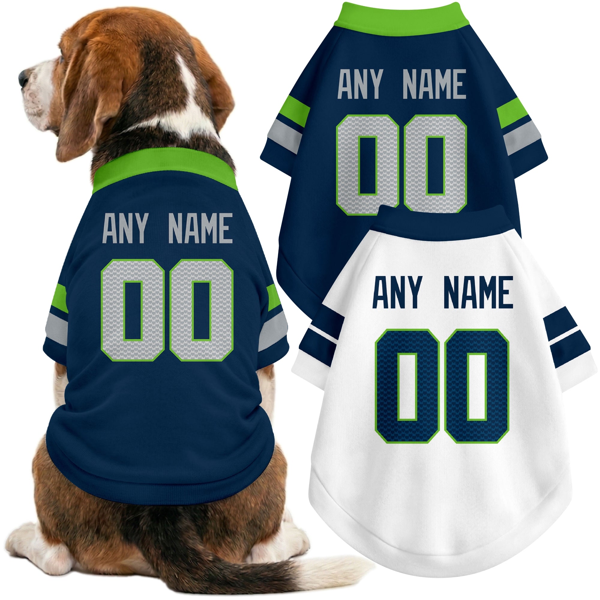Dog wearing custom football-style dog jersey in navy white neon green with personalized name and number