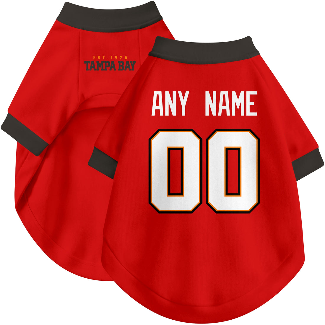 Dog wearing custom football-style dog jersey in red white black with personalized name and number
