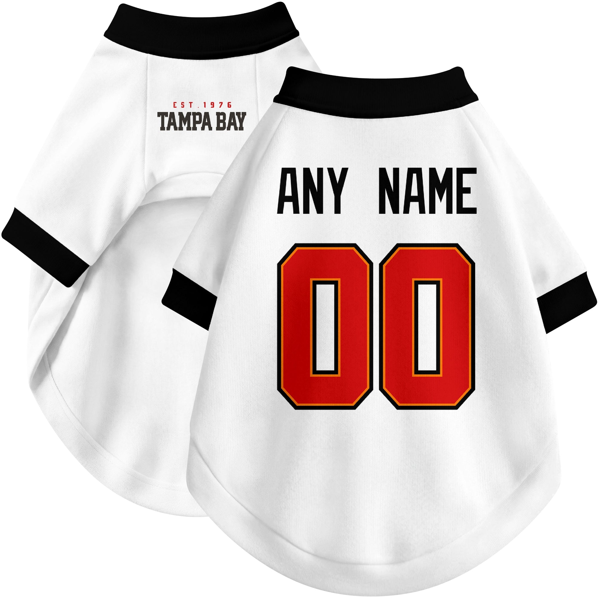 Custom football-style dog jersey in white personalized with any name and number