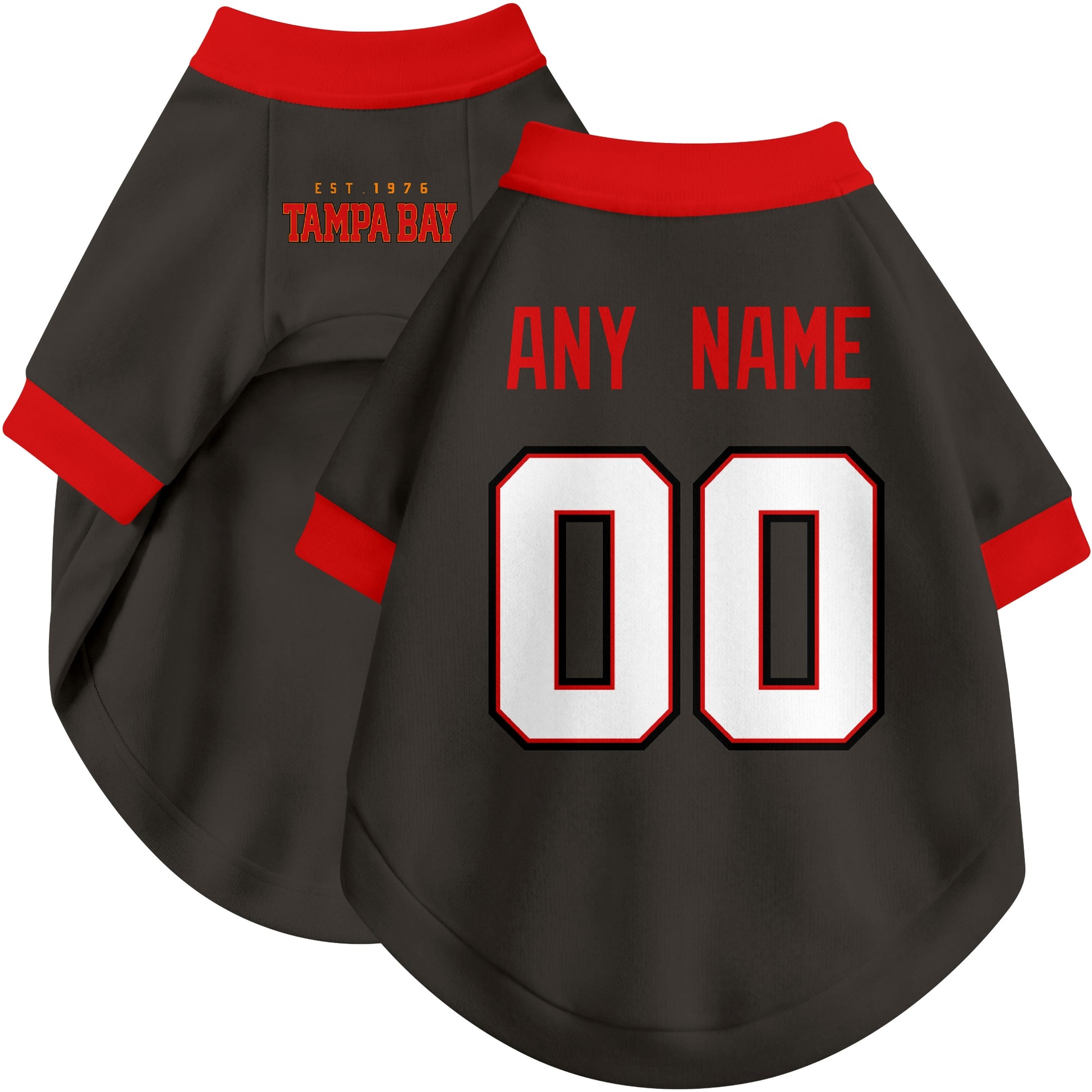 Custom football-style dog jersey in black personalized with any name and number