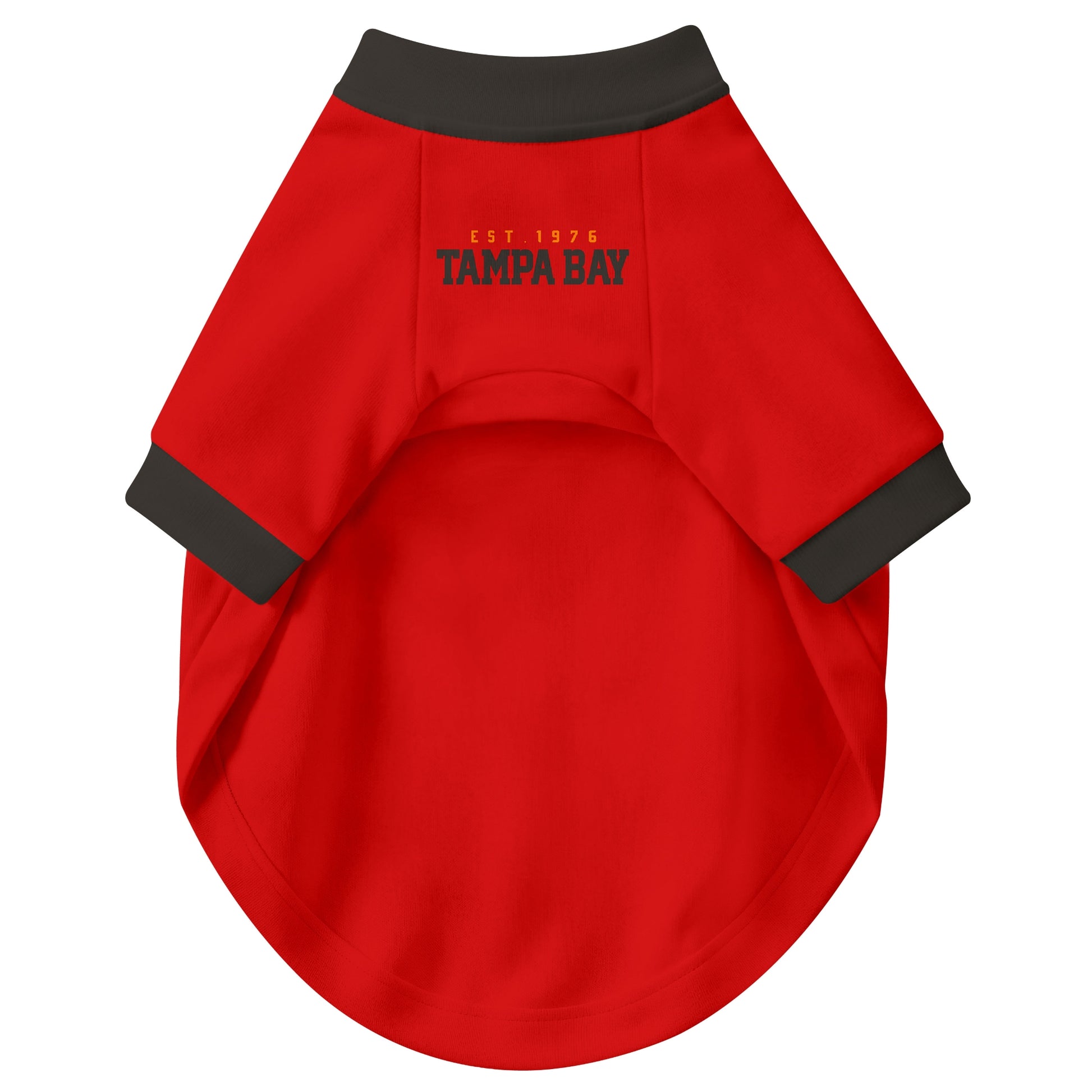 Front view of custom dog jersey in red personalized with name and number