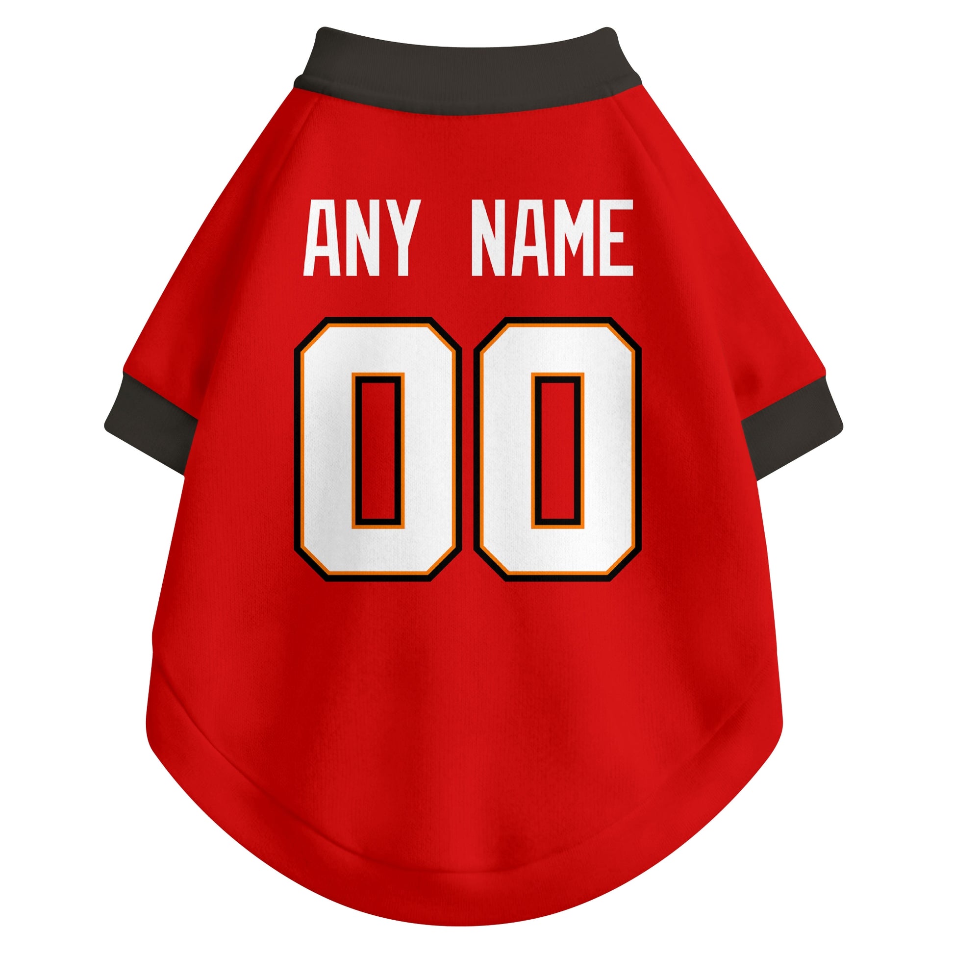 Back view of custom dog jersey in red showing name and number customization