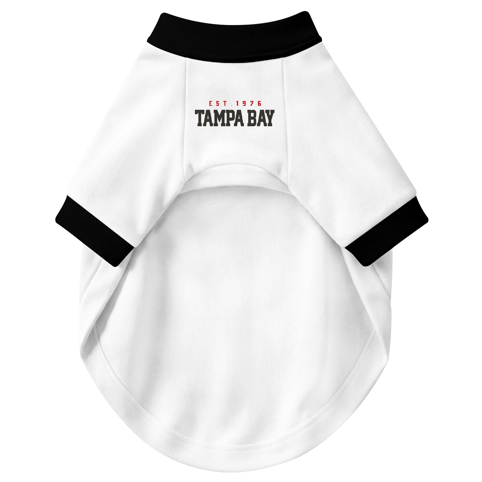 Front view of custom dog jersey in white personalized with name and number