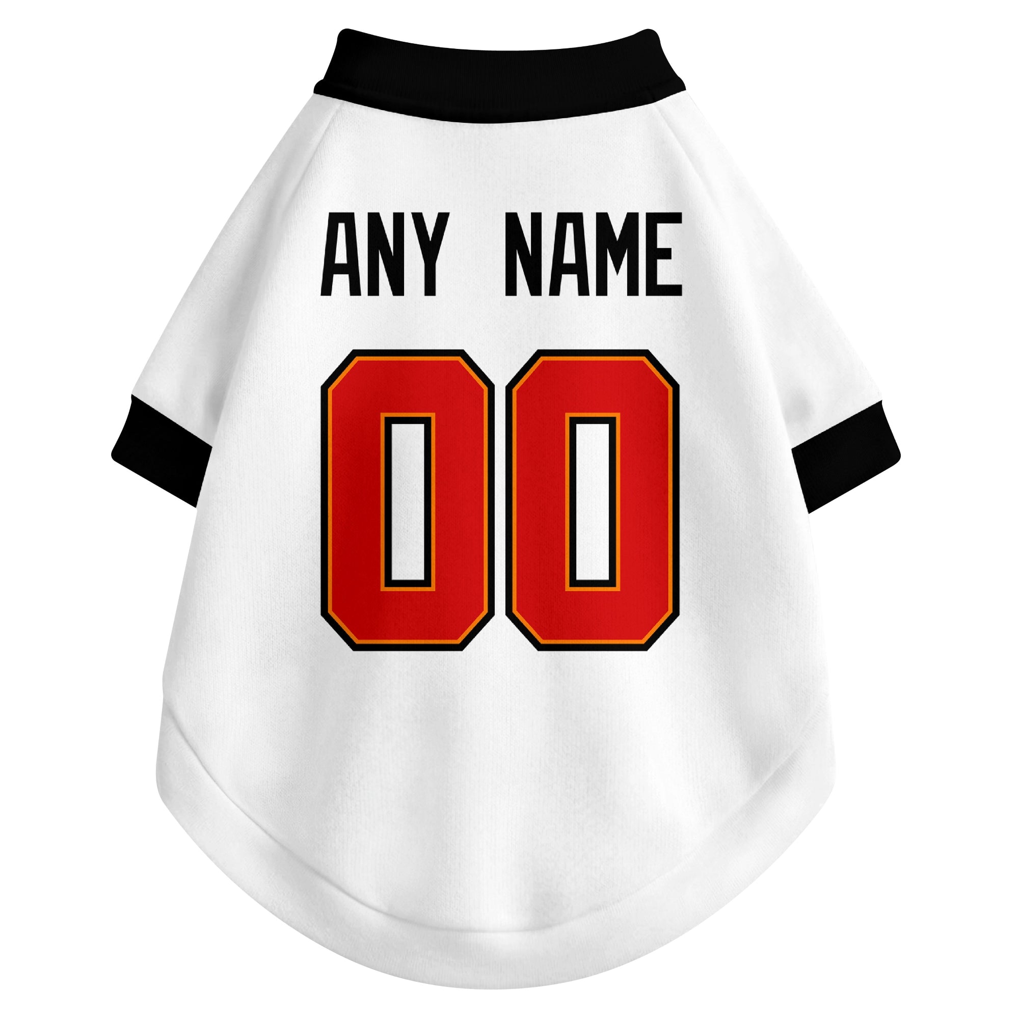 Back view of custom dog jersey in white showing name and number customization