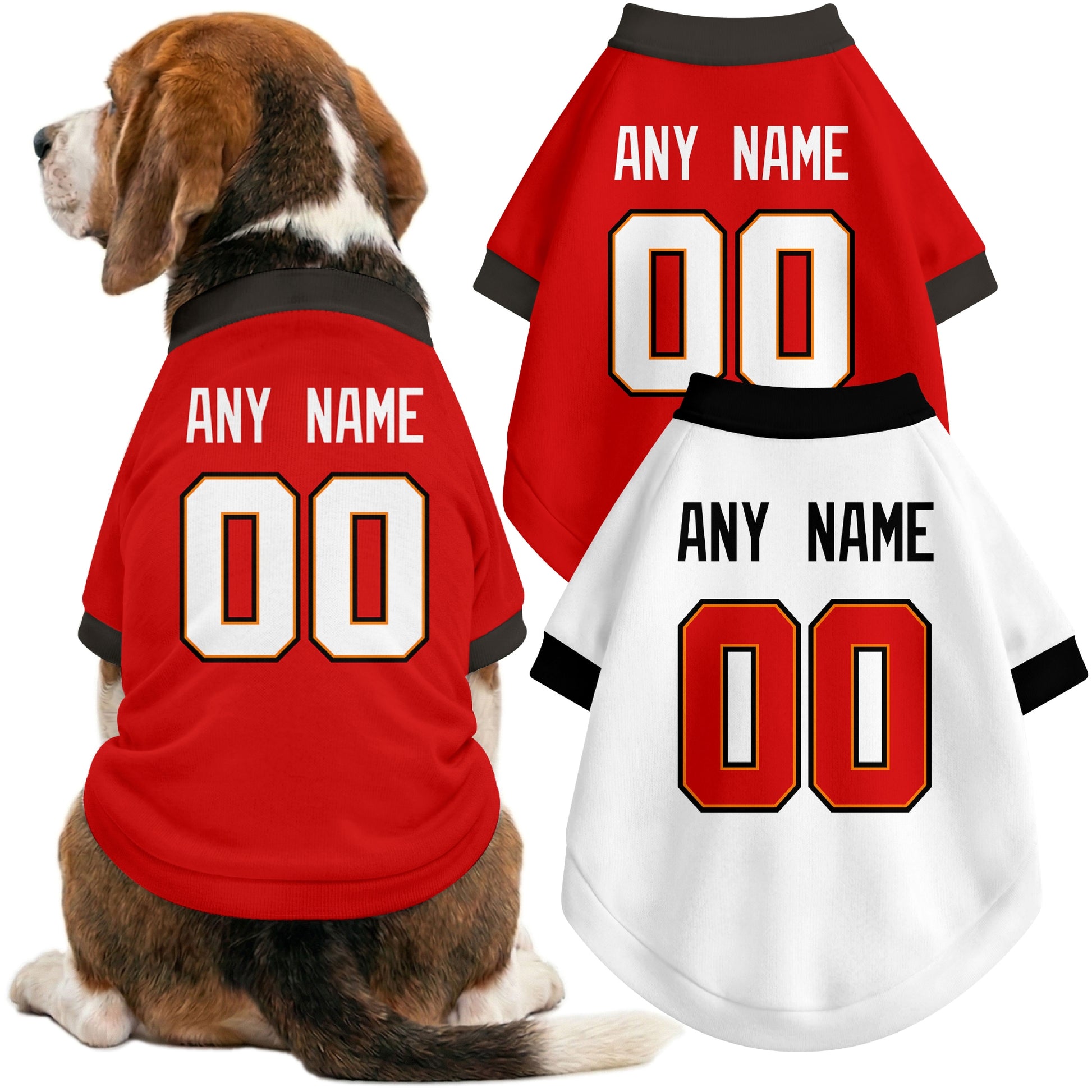 Dog wearing custom football-style dog jersey in red white black with personalized name and number