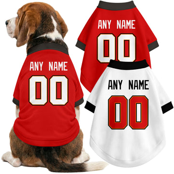 Dog wearing custom football-style dog jersey in red white black with personalized name and number