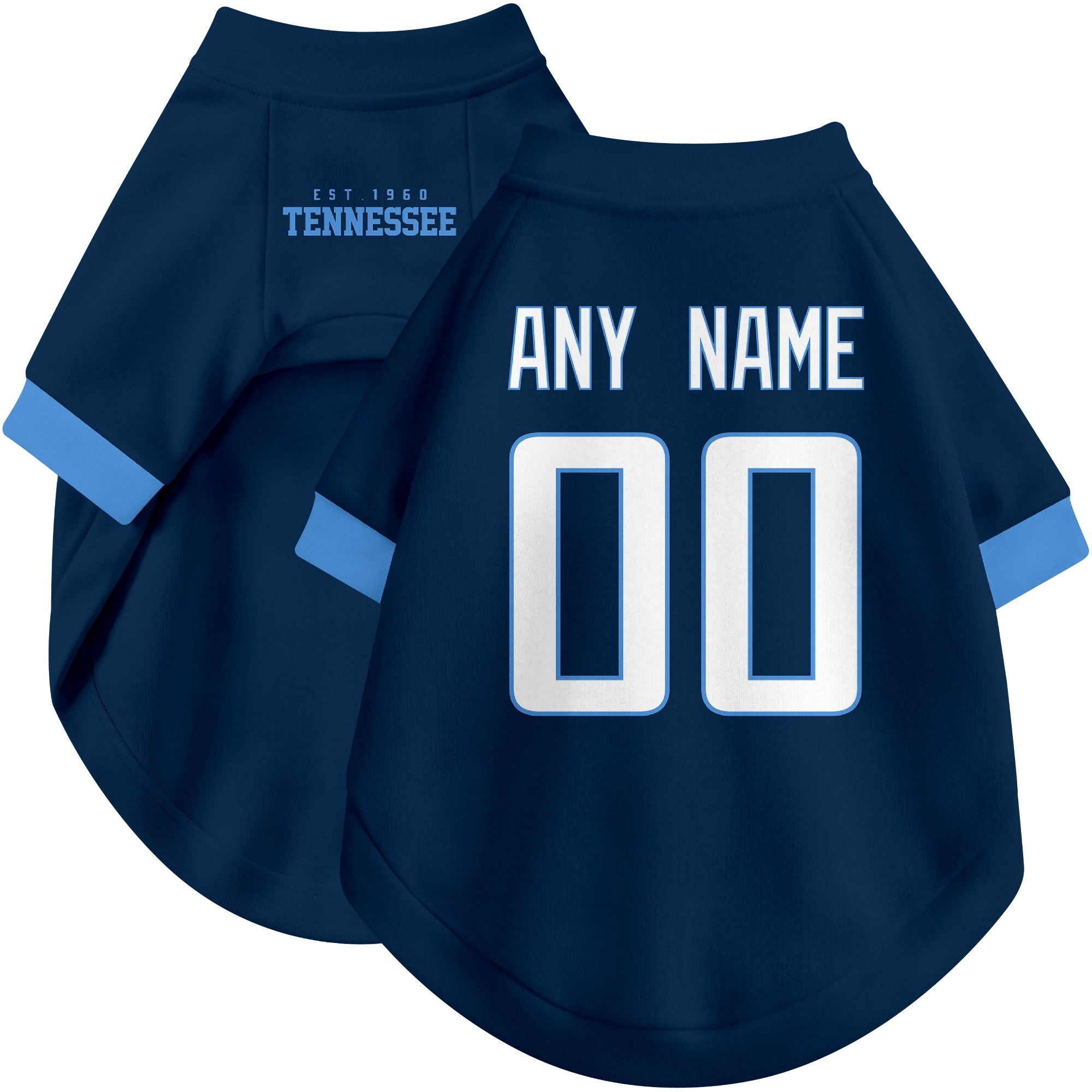 Custom football-style dog jersey in navy personalized with any name and number