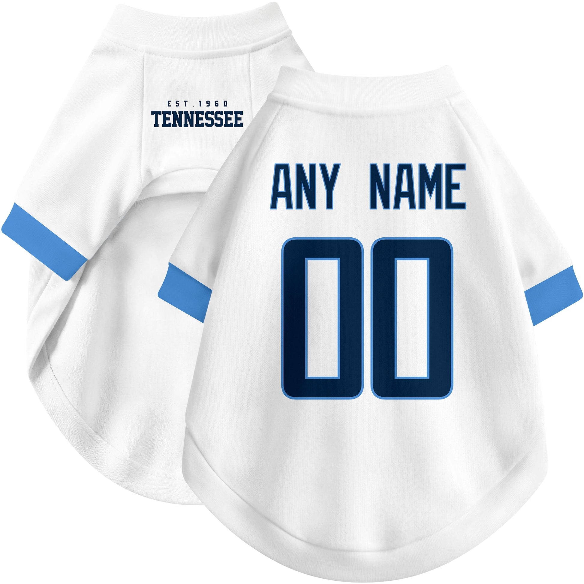 Custom football-style dog jersey in white personalized with any name and number