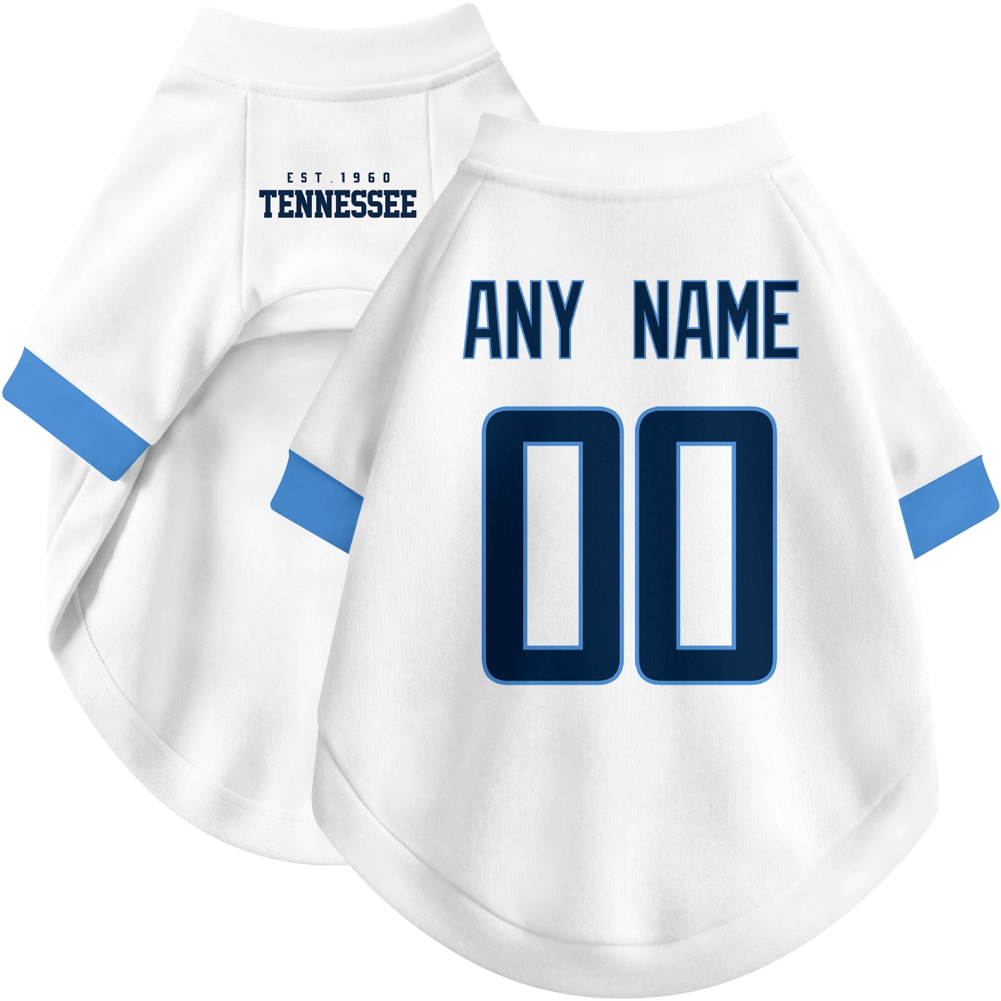 Custom football-style dog jersey in white personalized with any name and number
