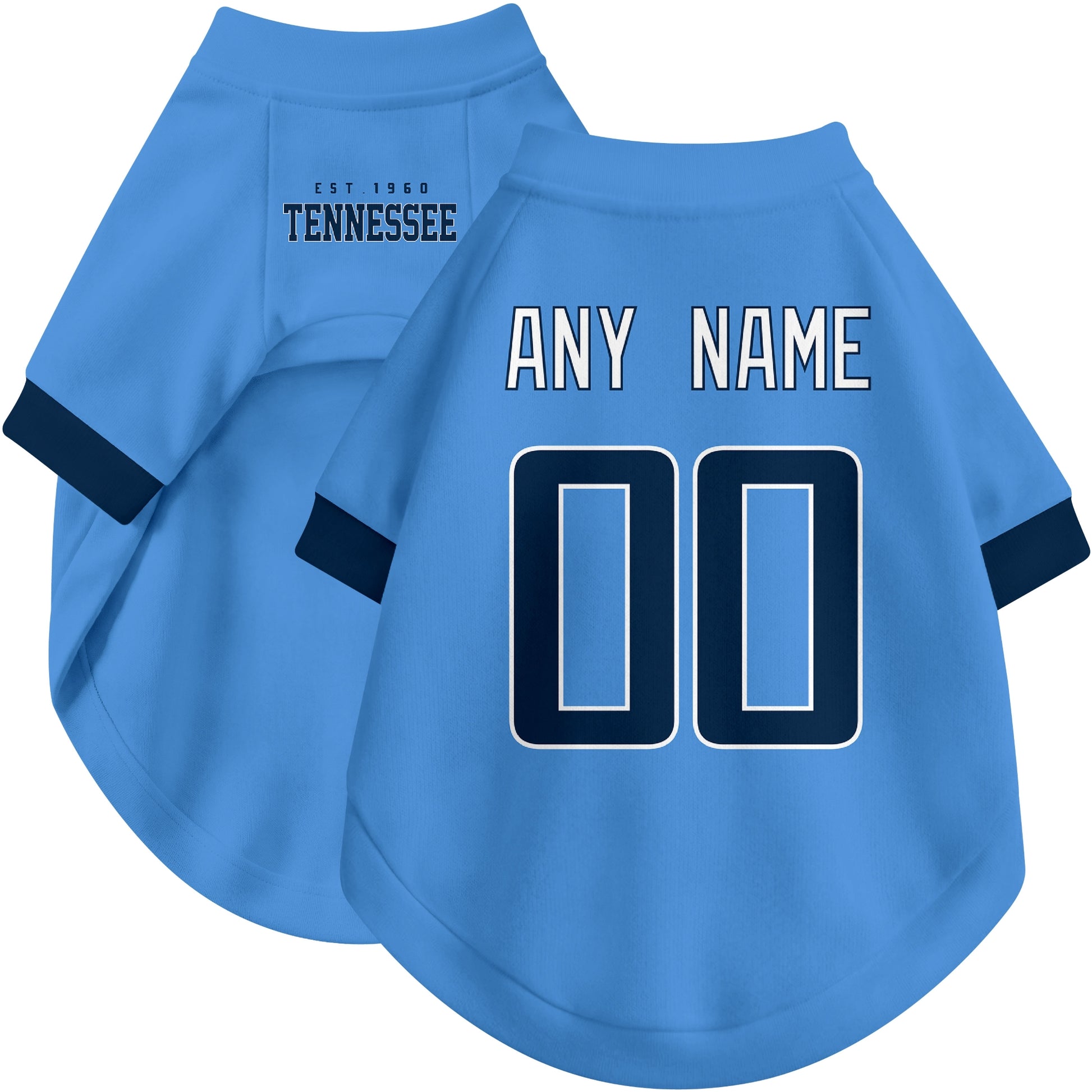 Custom football-style dog jersey in light blue personalized with any name and number
