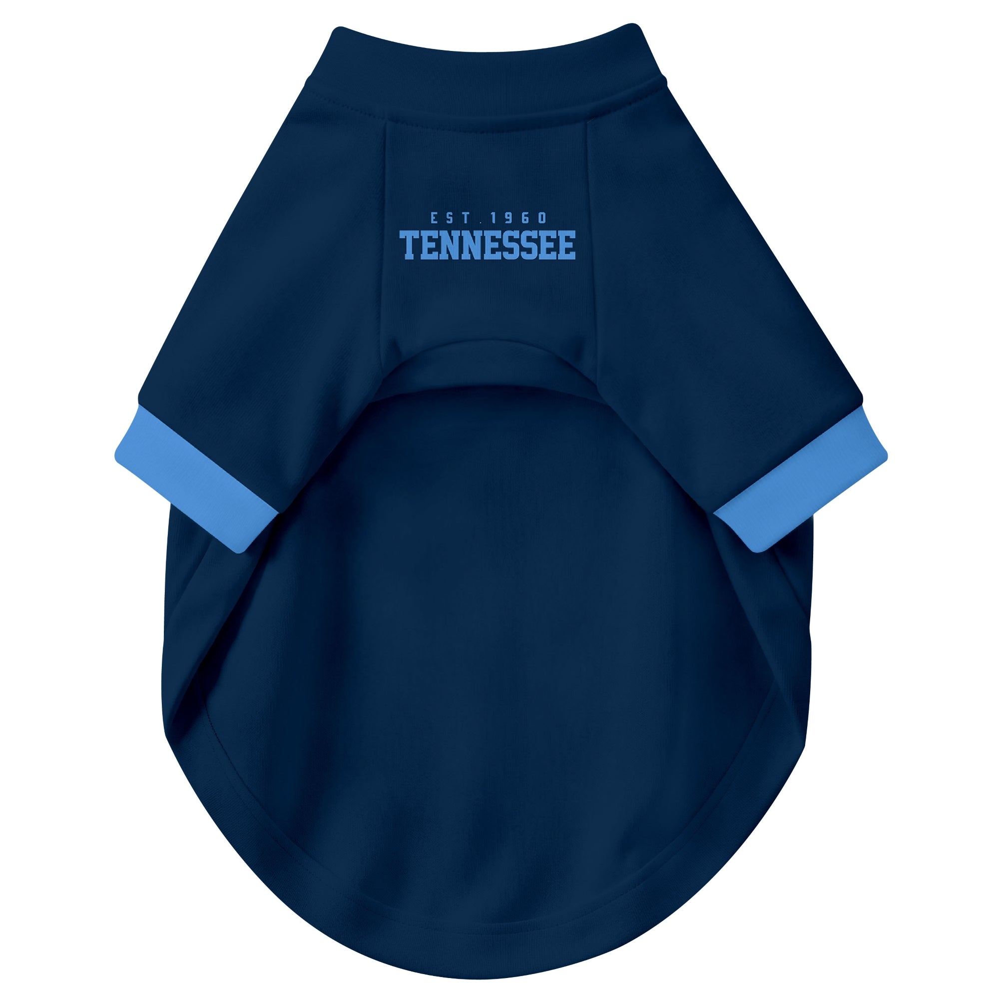 Front view of custom dog jersey in navy personalized with name and number
