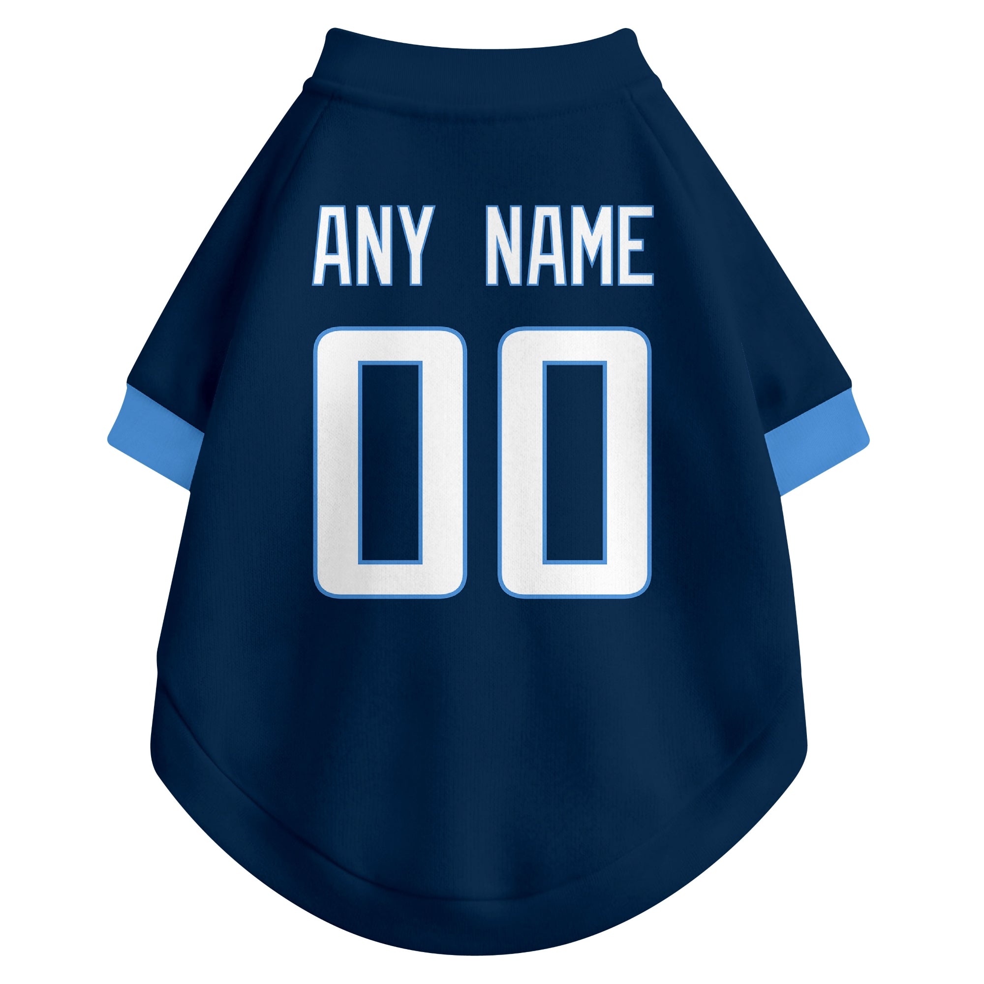 Back view of custom dog jersey in navy showing name and number customization